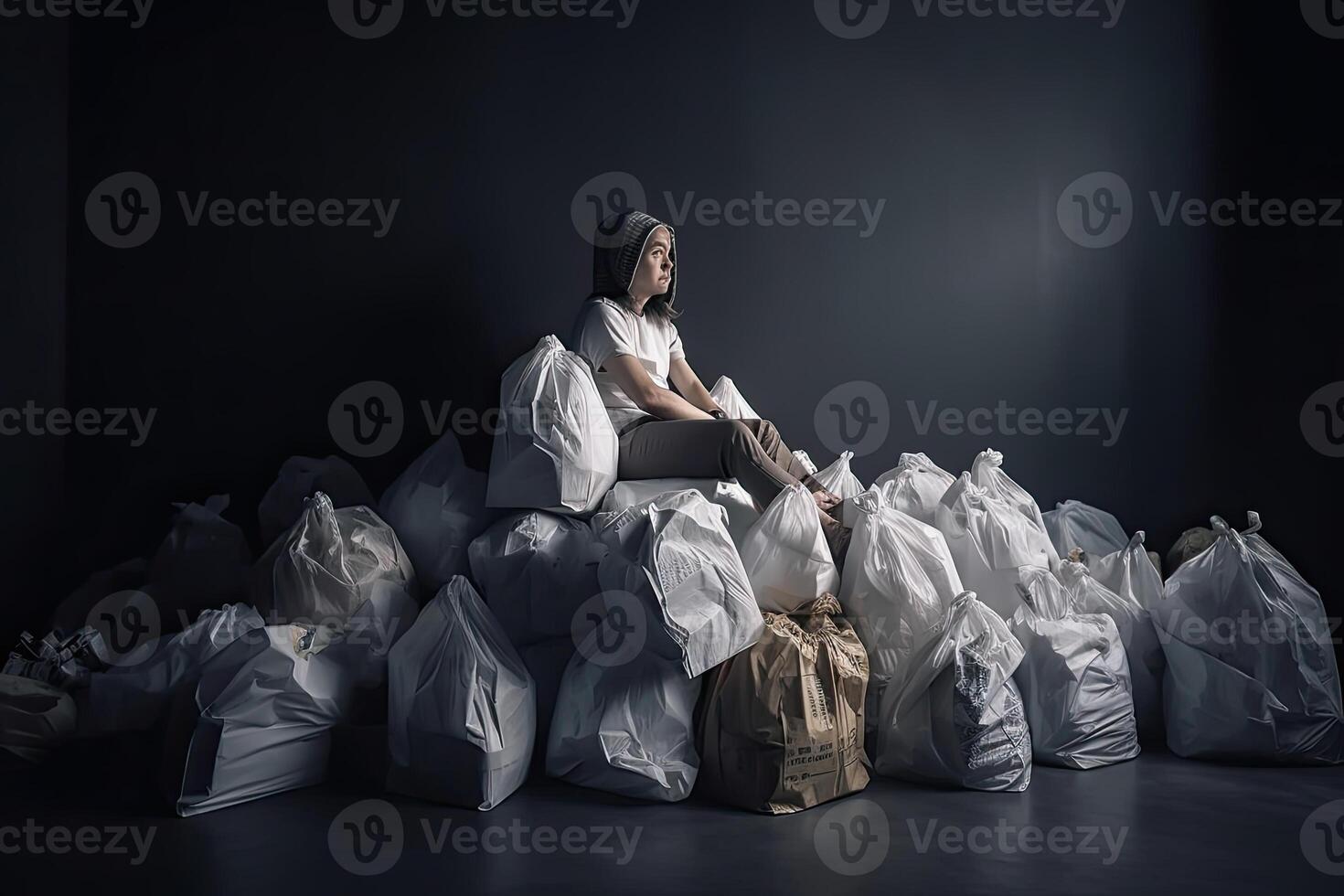 Woman sits on top of pile of garbage bags. Concept of overconsumption and pollution of environment by human waste. Created with photo