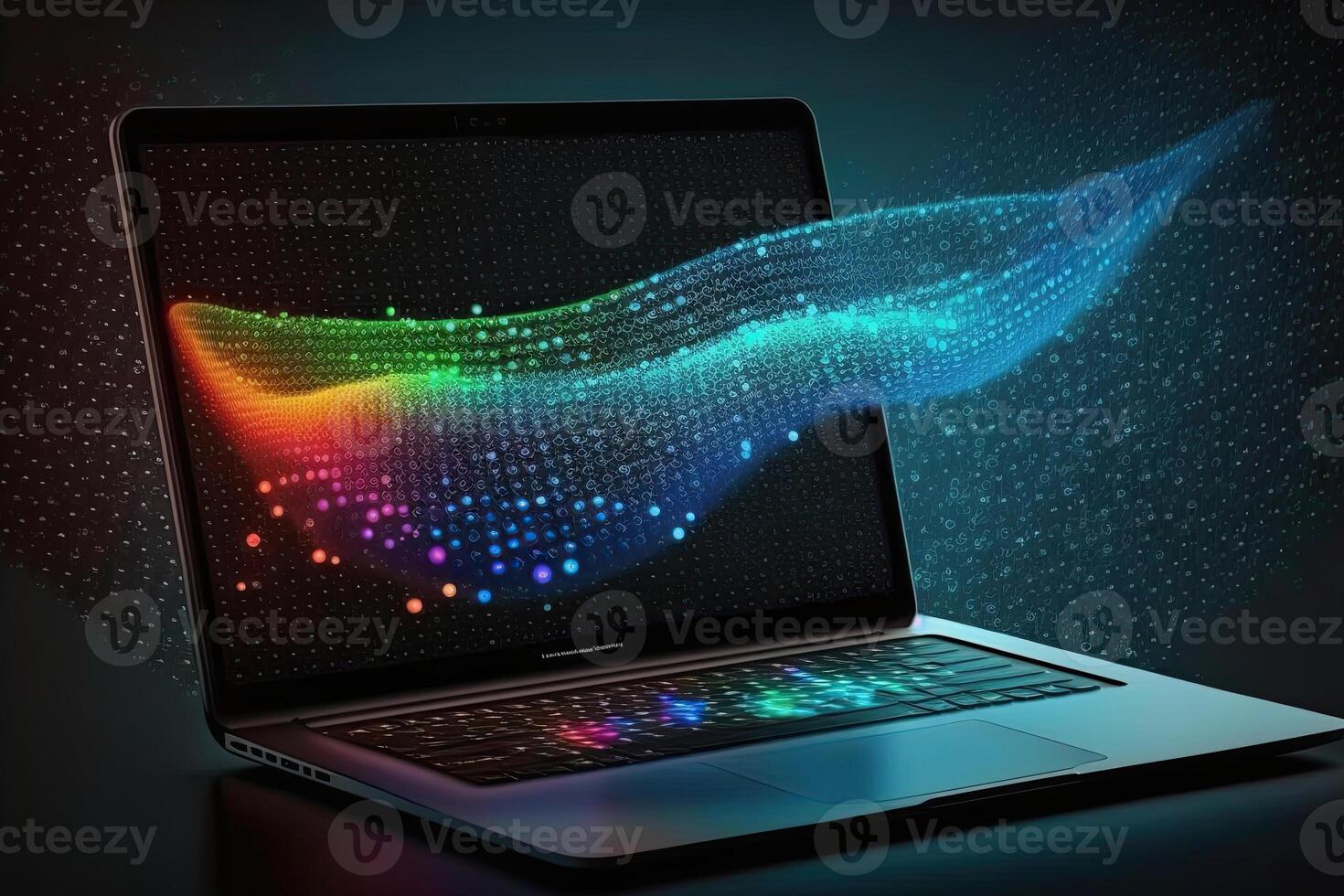 Digital data and network connection on laptop screen. Big data analysis. Network information and data protection concept. Created with photo