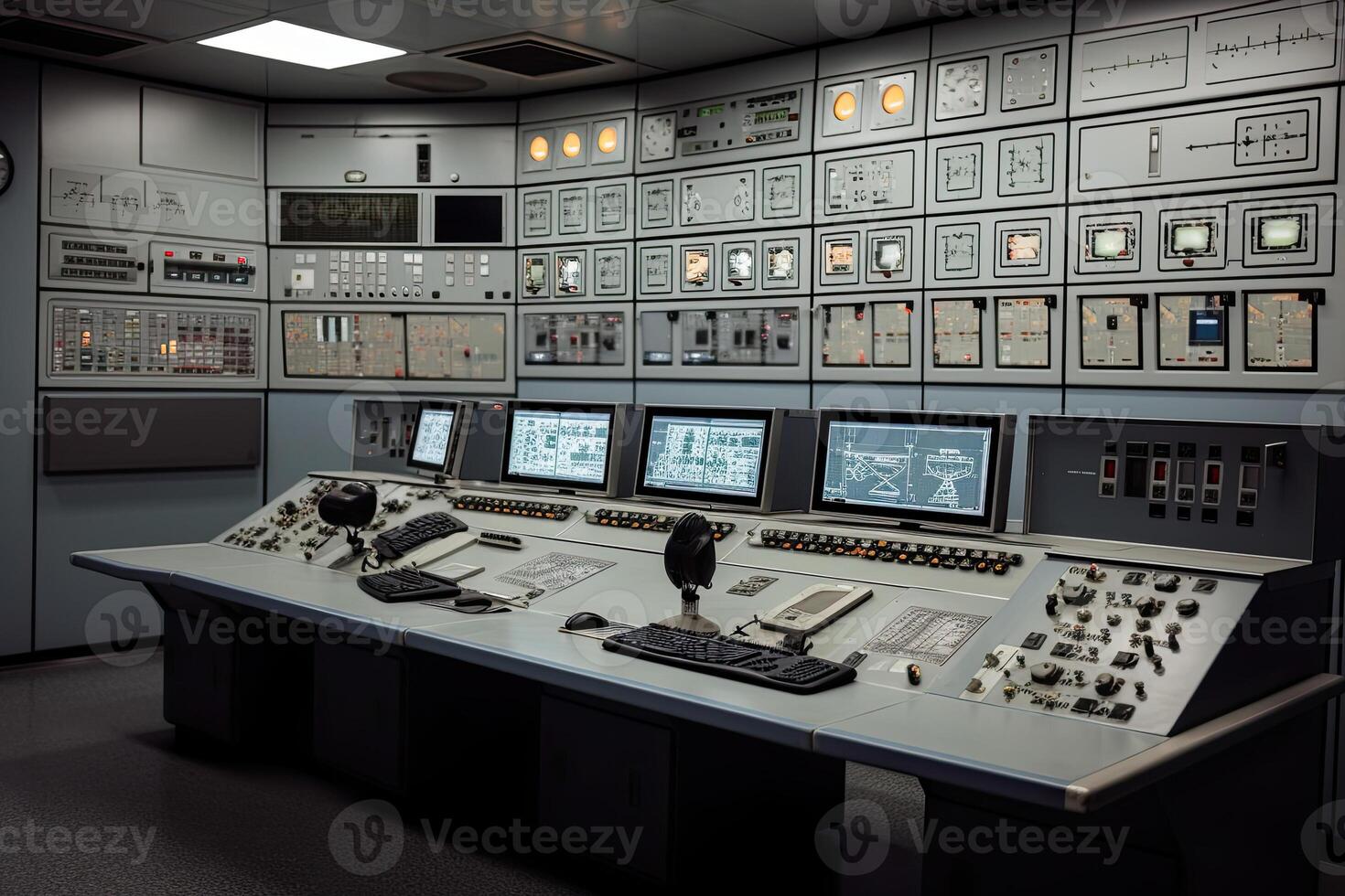 Central control panel. Operator workplace with a lot of screens and buttons for monitoring technology process at production line. Created with photo