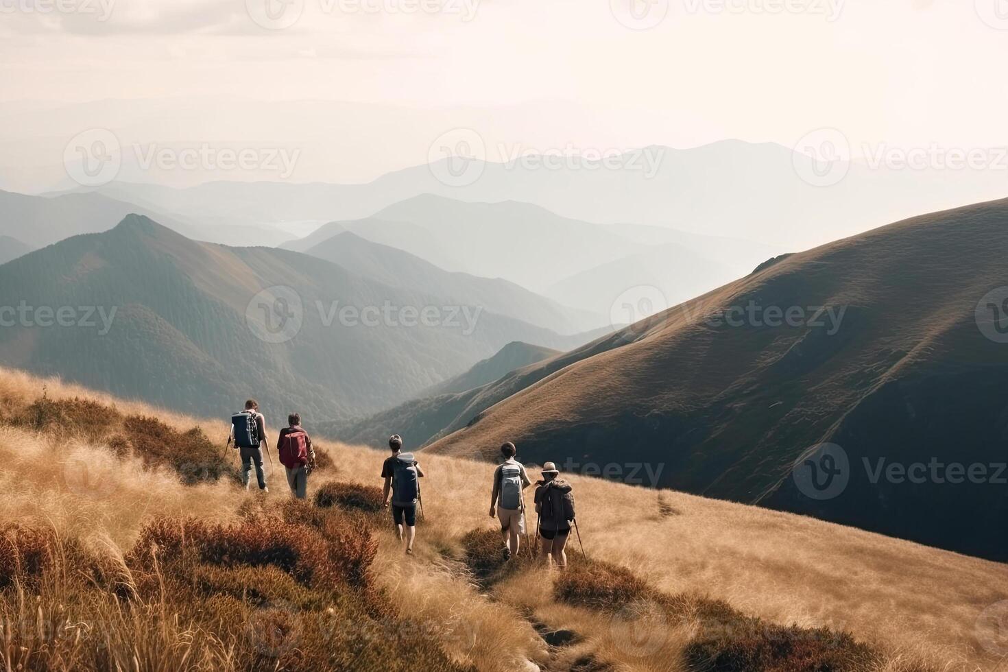 Group of tourist hiking in mountains. Travelers with backpacks in mountains. Outdoor activities. Created with photo