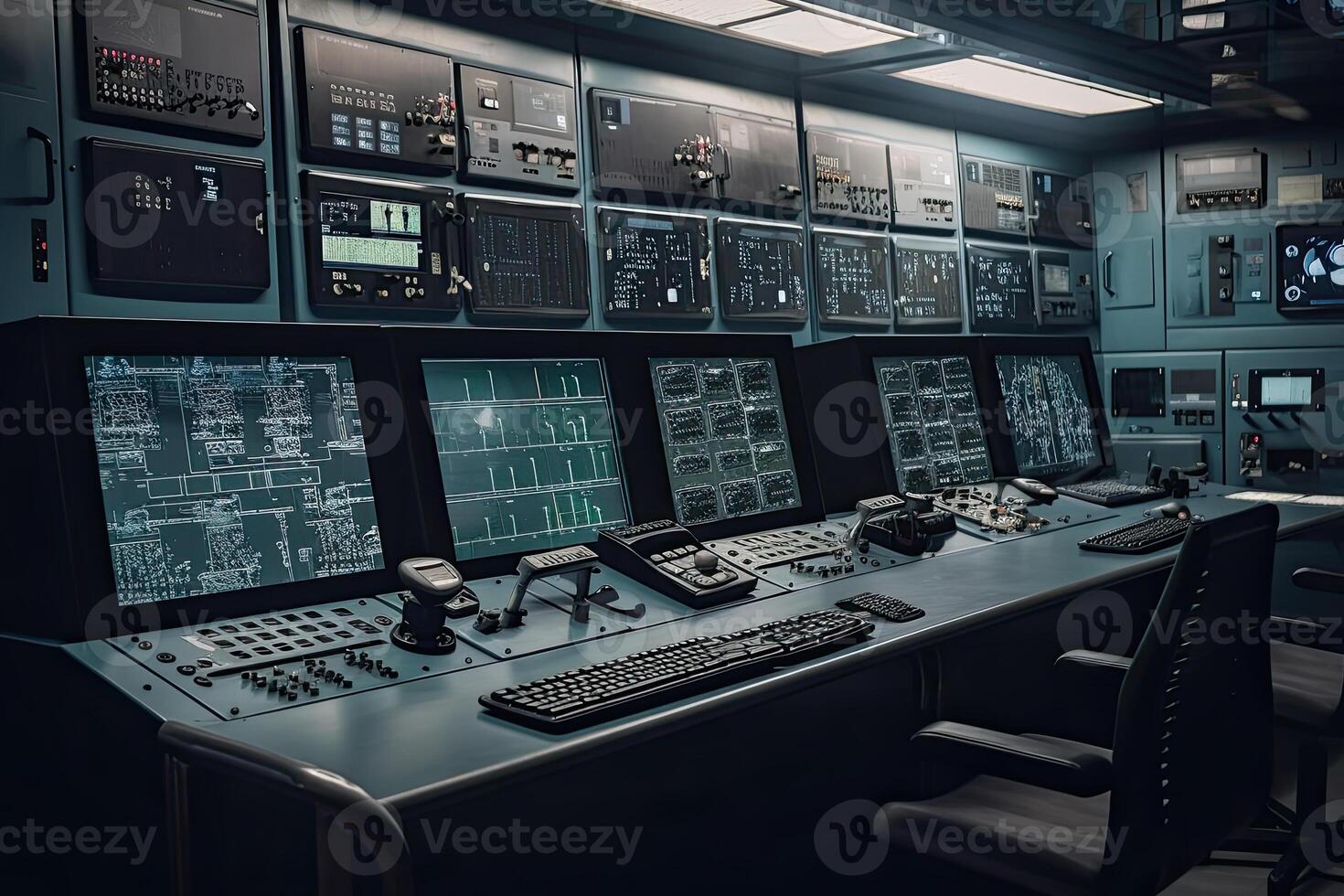 Central control panel. Operator workplace with a lot of screens and buttons for monitoring technology process at production line. Created with photo