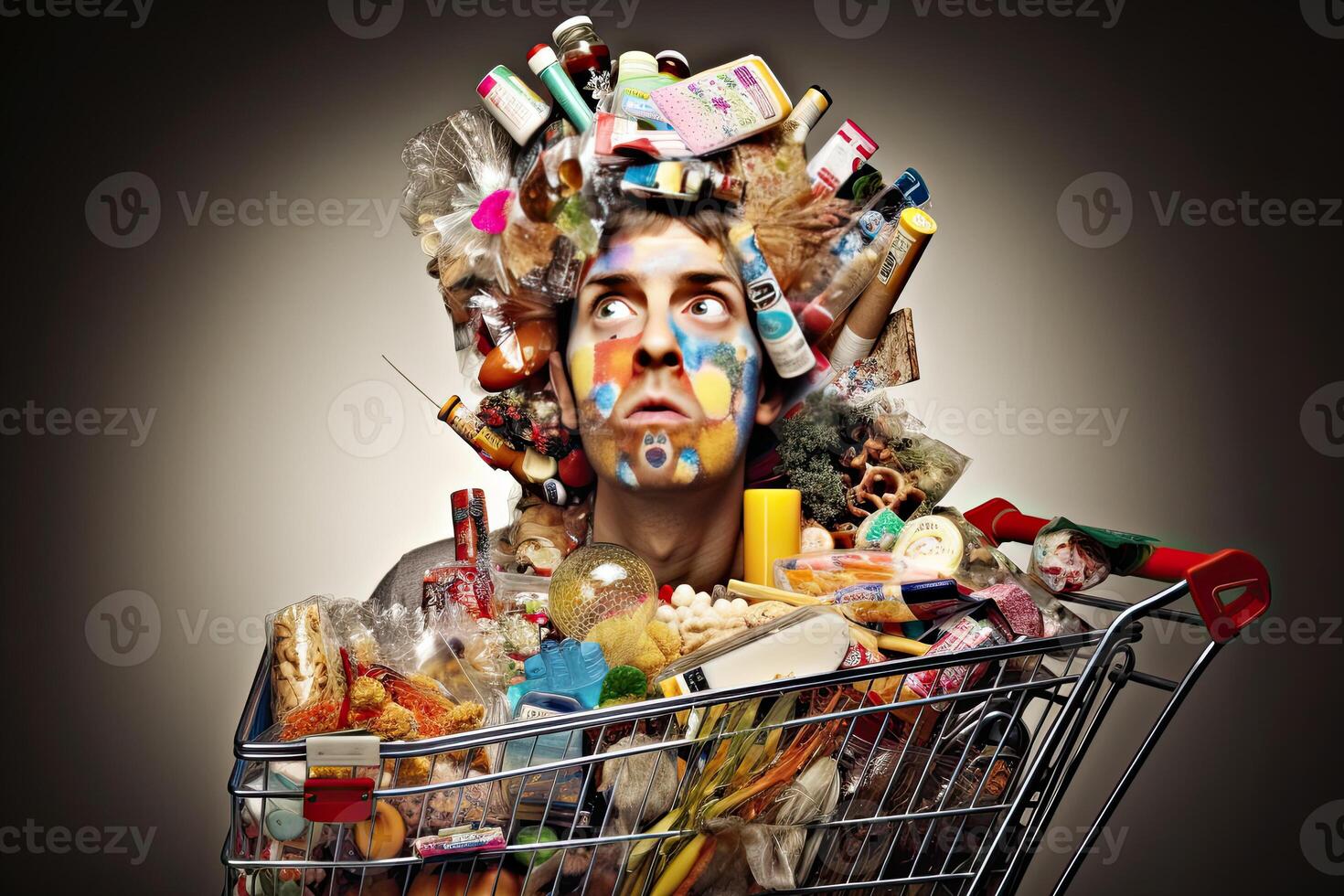 Woman with shopping cart full of different goods. Concept of shopaholism and overconsumption. Female consumer thinking about future purchasing. Created with photo