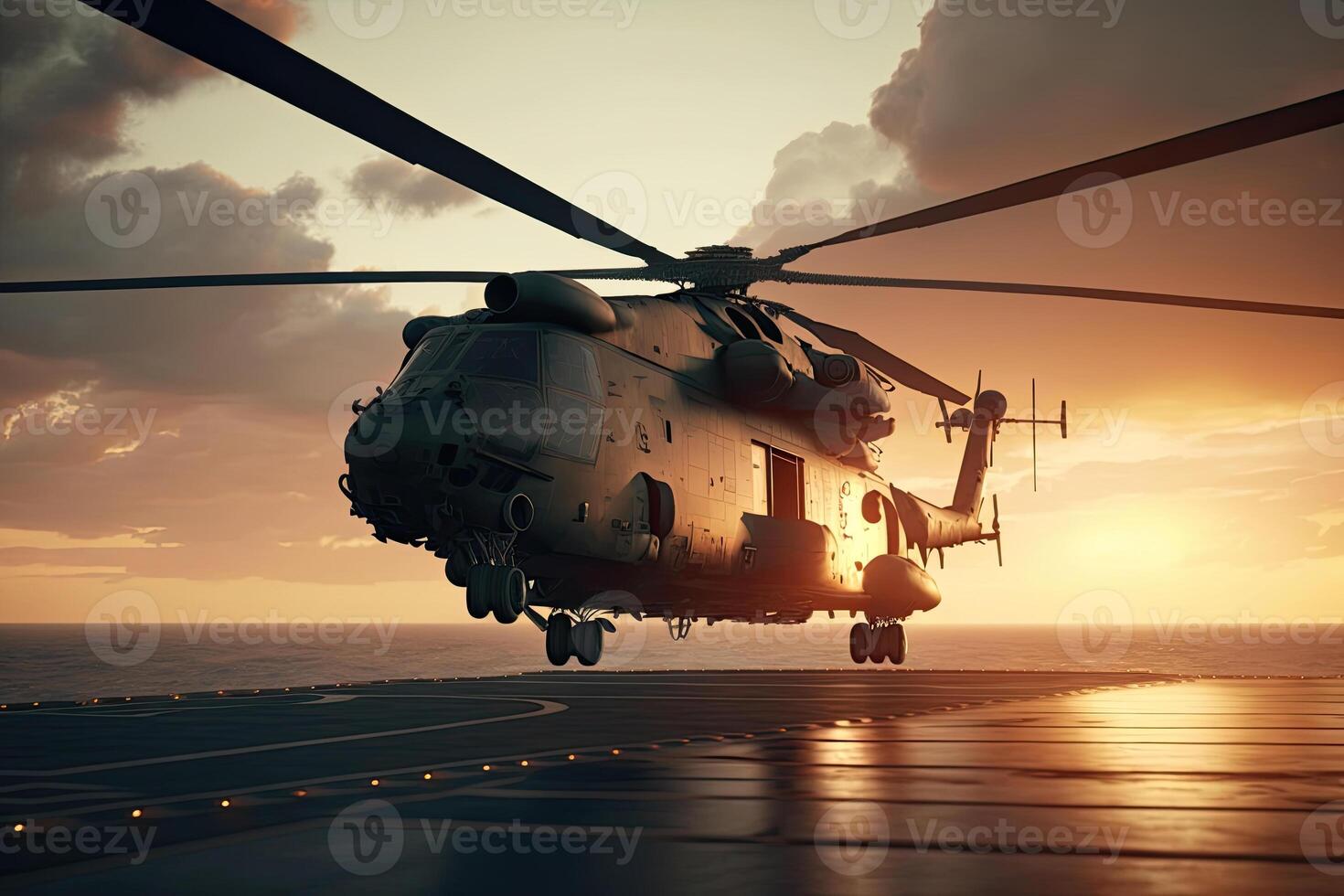 Military helicopter on warship board at sunset. Navy helicopter on board the aircraft carrier in the sea. Created with photo