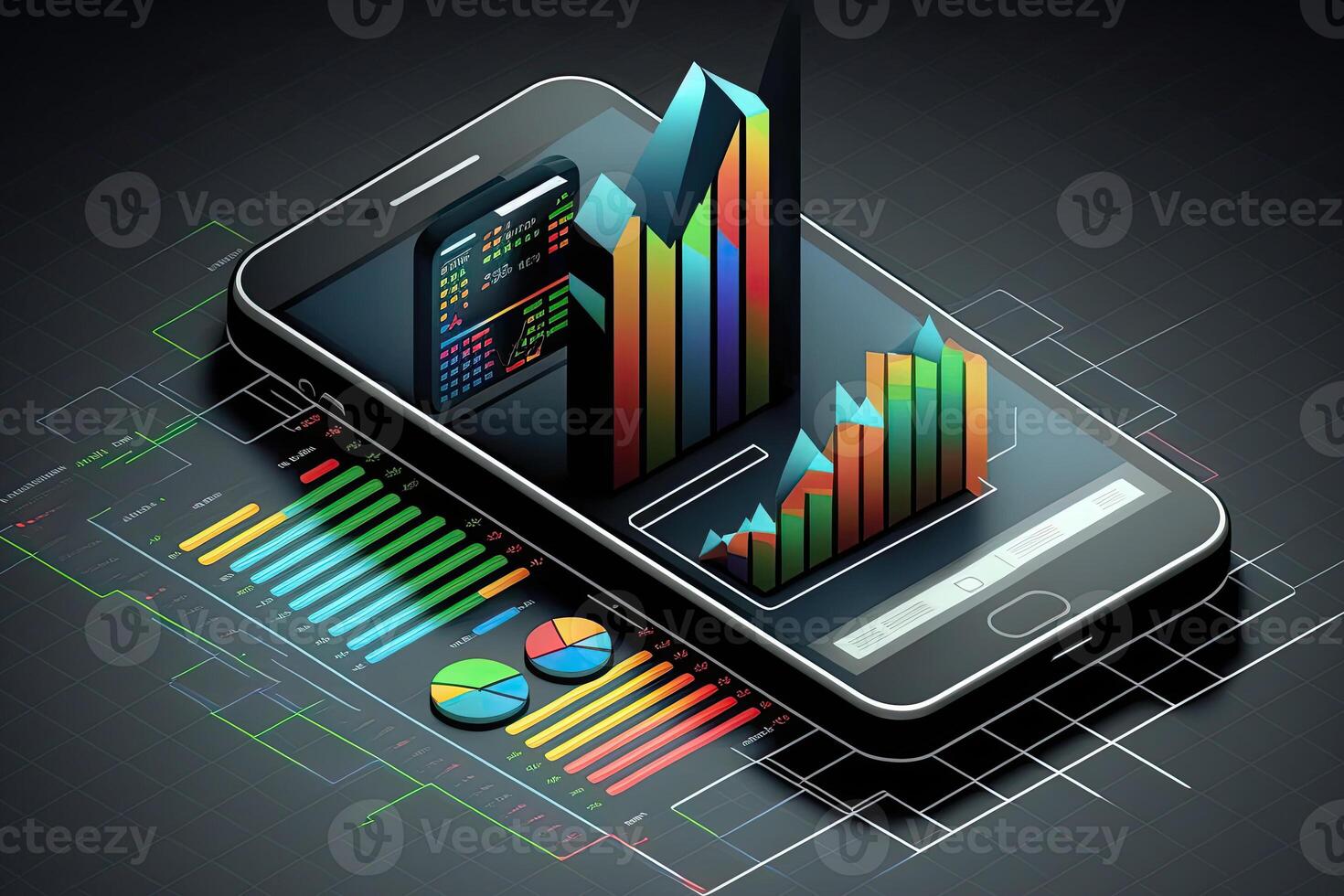 Big data analytics report. Infographic with graph and chart on abstract background. Distribution of data by business categories. Created with photo