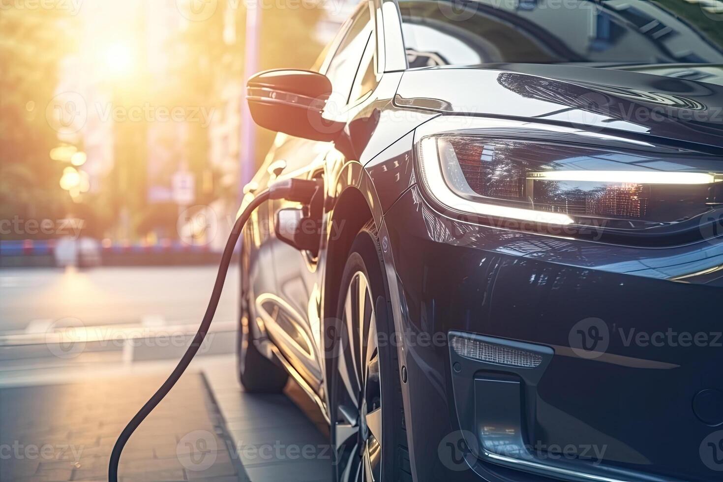 eléctrico coche a cargando estación con atascado poder cable. ev vehículo en ciudad. creado con generativo ai foto