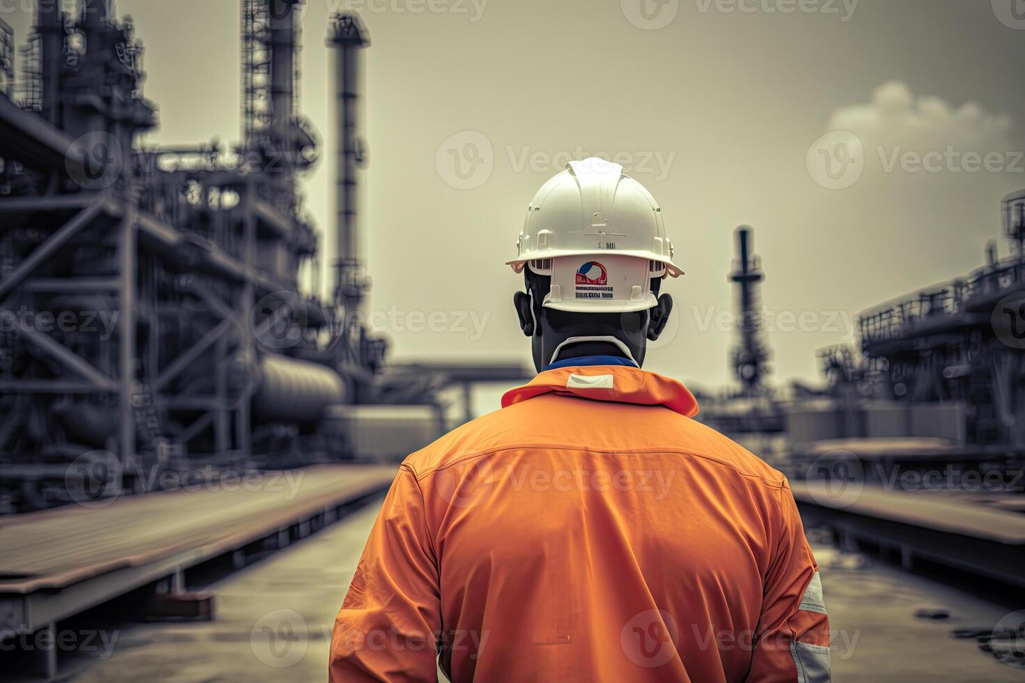 Back view of industrial worker wearing protective uniform and safety helmet standing near heavy industry factory. Created with photo