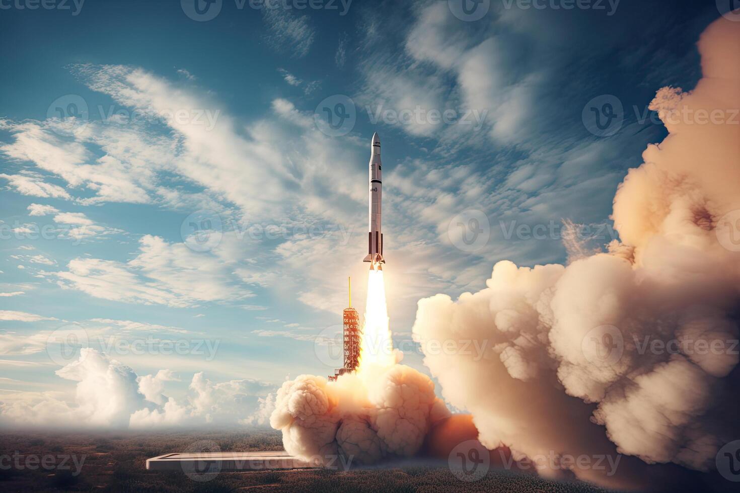 Rocket launch from cosmodrome. Fight of space rocket in blue sky. Space mission. Space Shuttle takeoff. Created with photo