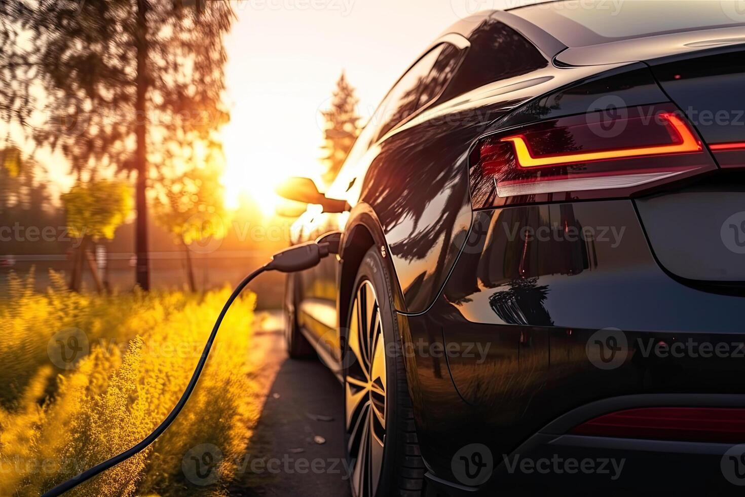 Electric car at charging station with plugged power cable. EV vehicle in city. Created with photo