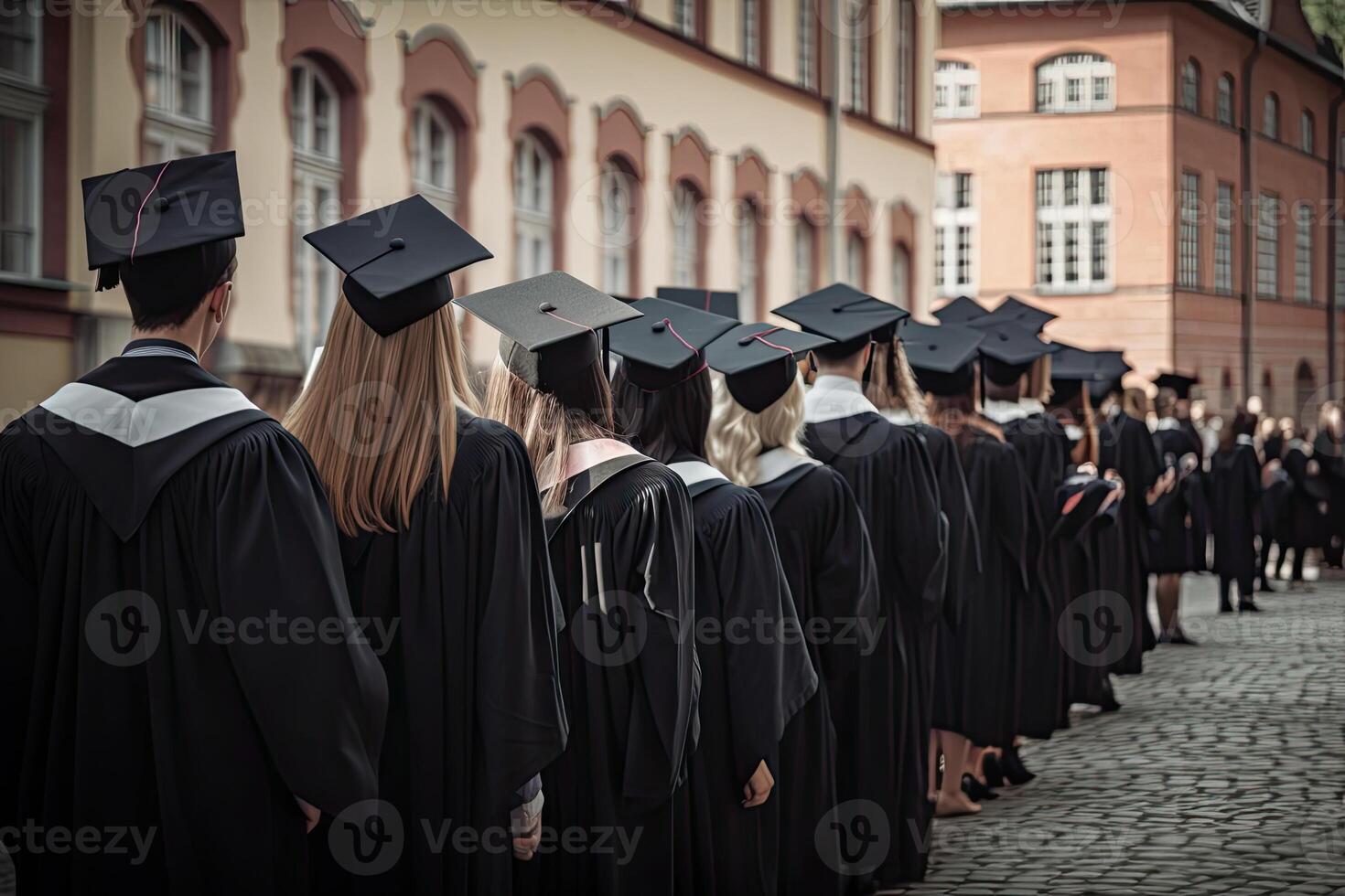 Back view of graduates in mortar boards and bachelor gowns on graduation ceremony at the university. Successful graduation from college or high school. Created with photo