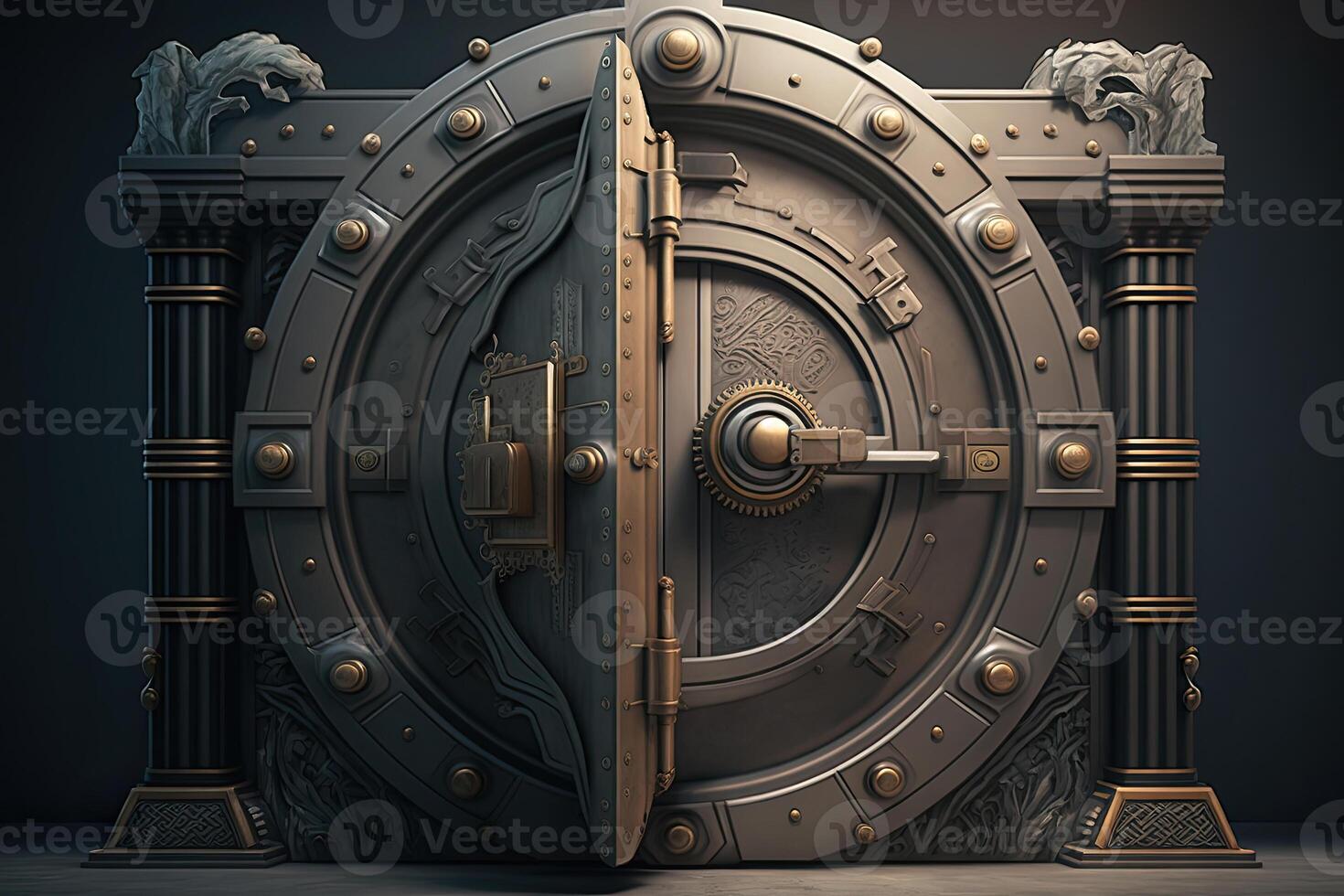 Decorated bank safe door. Bank vault for saving money and precious metals. Created with photo