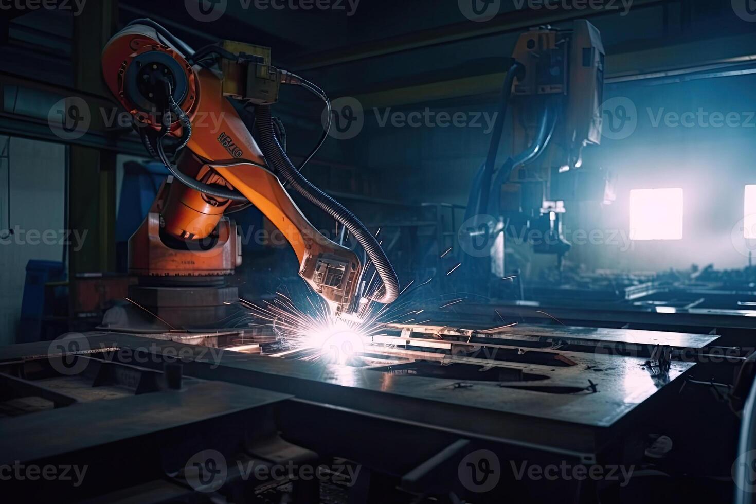 Robotic arm works on welding. Conveyor line at factory. Automatic welding. Created with photo