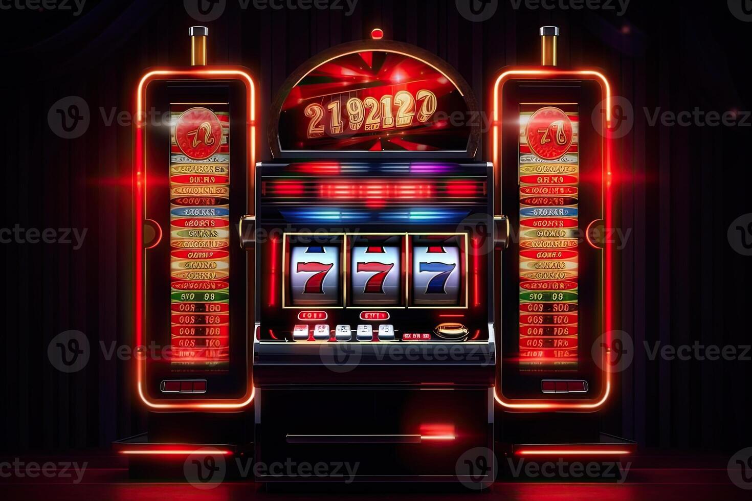 Casino slot machine with winning combination. Gambling addiction. Casino games concept. Lucky one handed bandit. Created with photo