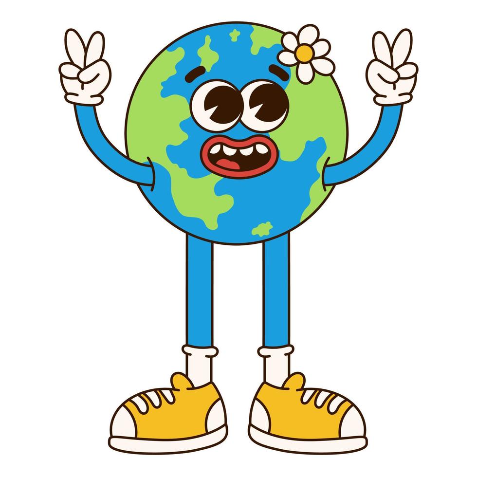 Retro planet cartoon character. Earth mascot. Trendy groovy 70s style illustration. Vector funny illustration.