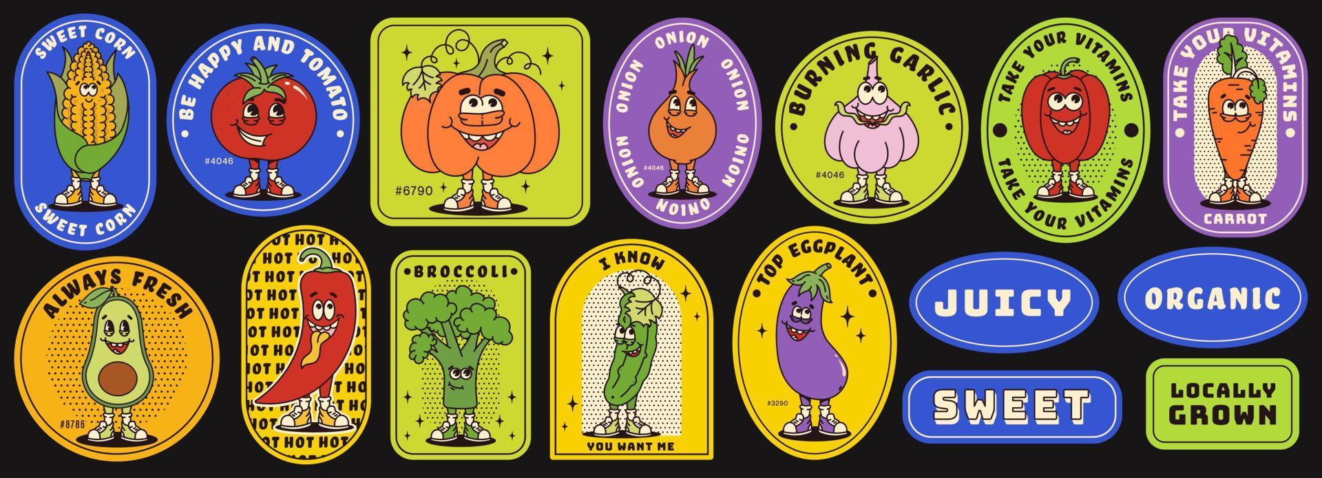 Funny vegetables retro cartoon characters sticker set. Modern label with cute comics characters. Hand drawn doodles of comic mascot. Set in modern cartoon style. 70s retro vibes. vector