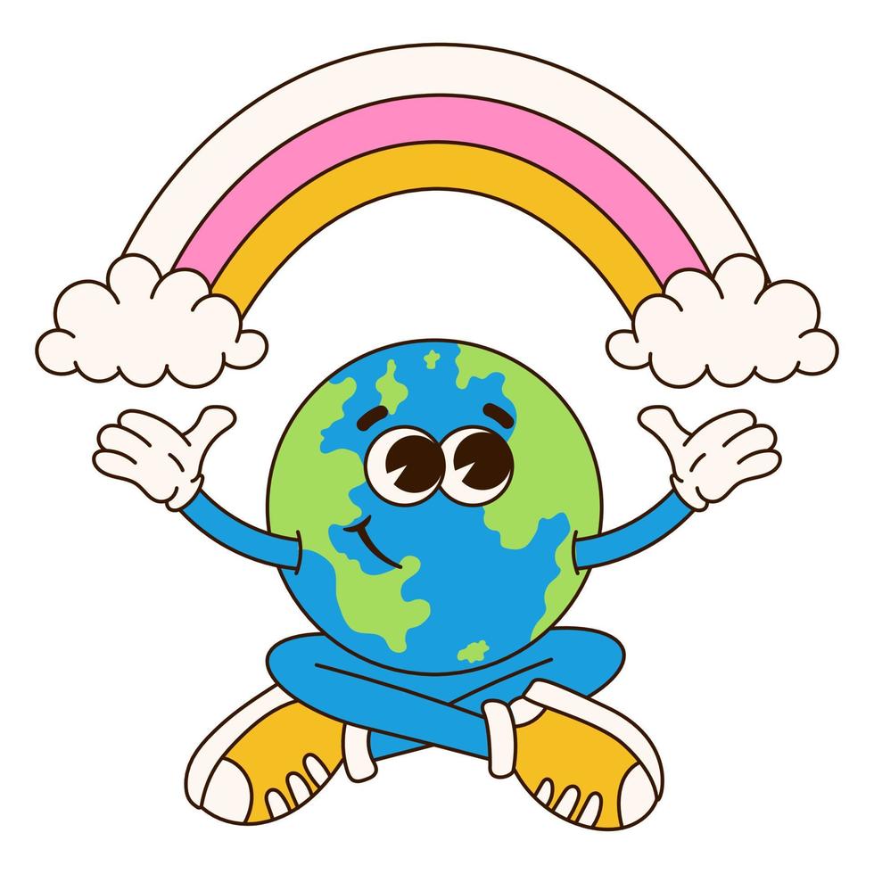 Retro planet cartoon character. Earth mascot. Trendy groovy 70s style illustration. Vector funny illustration.