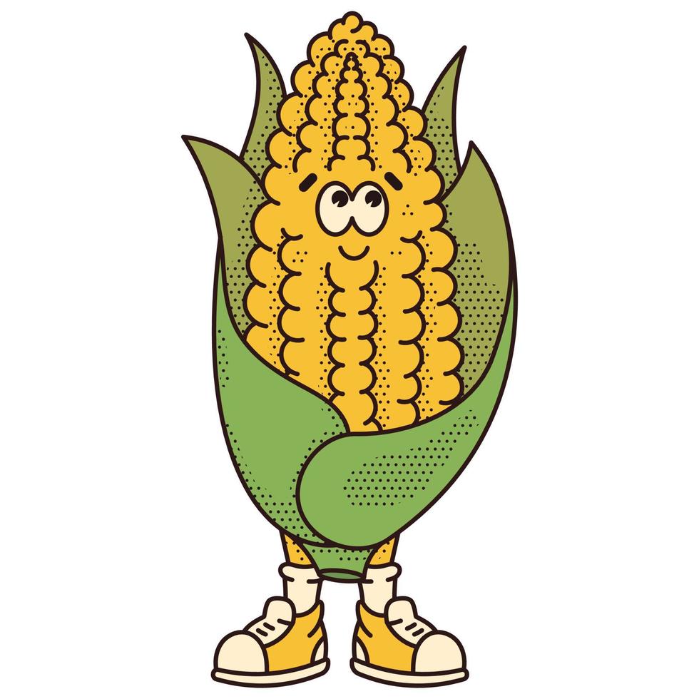 Character corn vegetable. Modern illustration with cute comics character. 70s retro vibes. vector