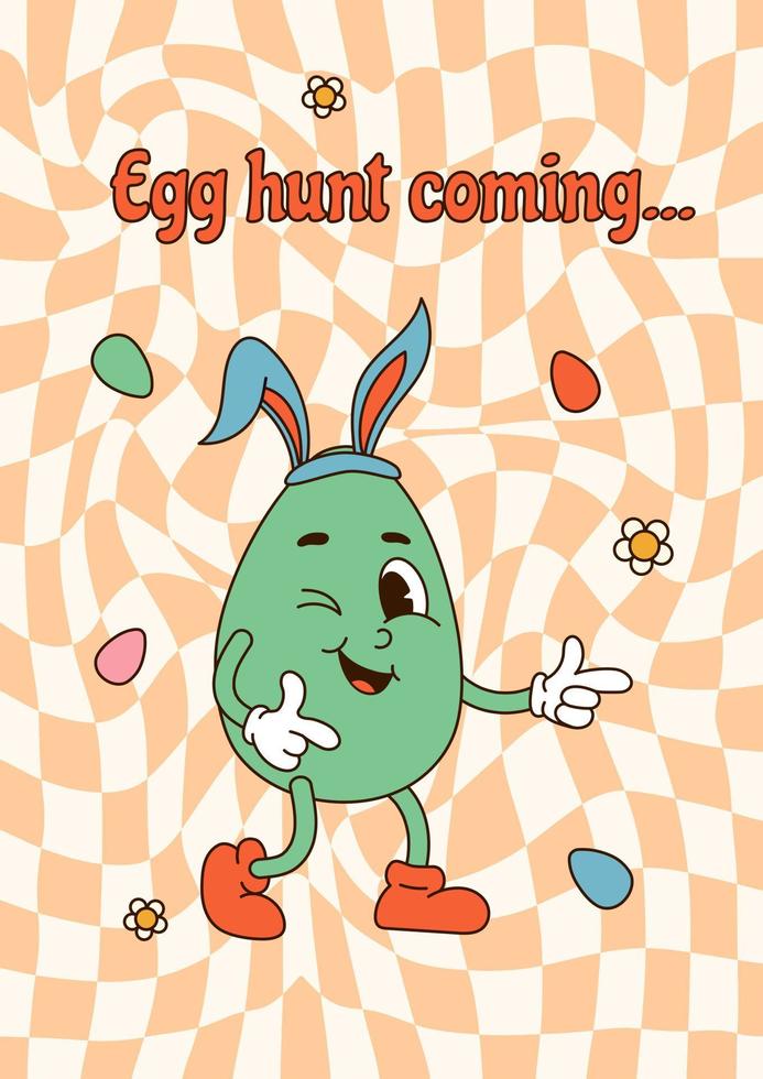 Vertical poster with groovy cartoon character easter egg and quote Egg hunt coming on orange cells background. Flat vector illustration for print, poster, card