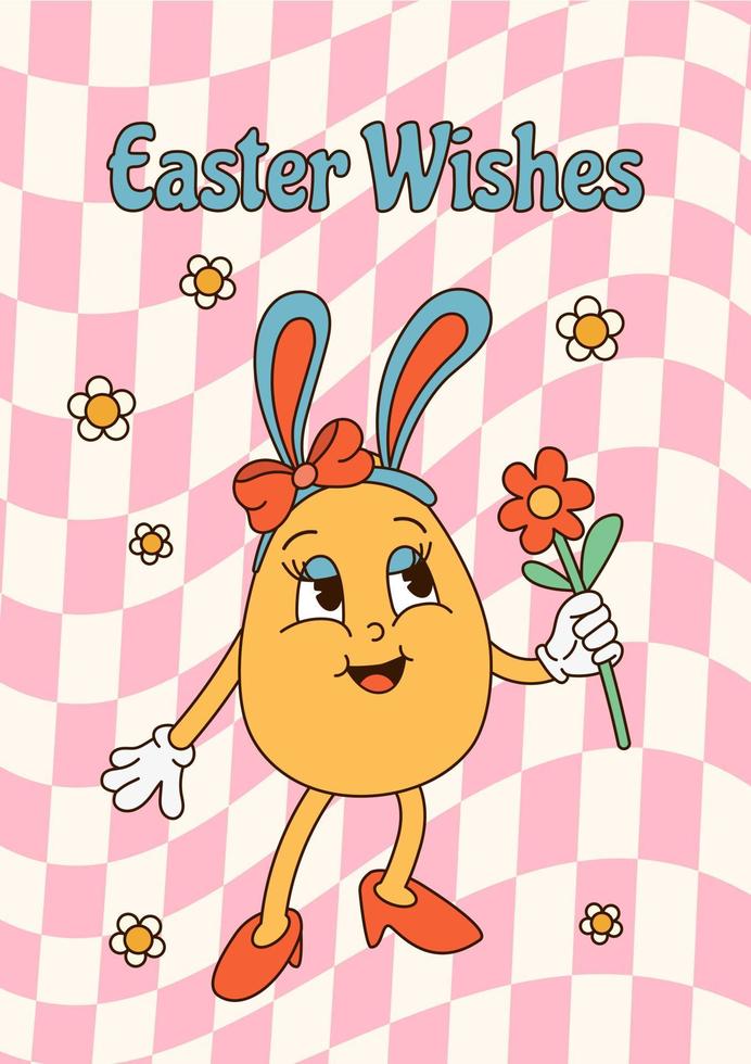 Vertical poster with groovy cartoon character easter egg and quote Easter wishes on pink cells background. Flat vector illustration for print, poster, card