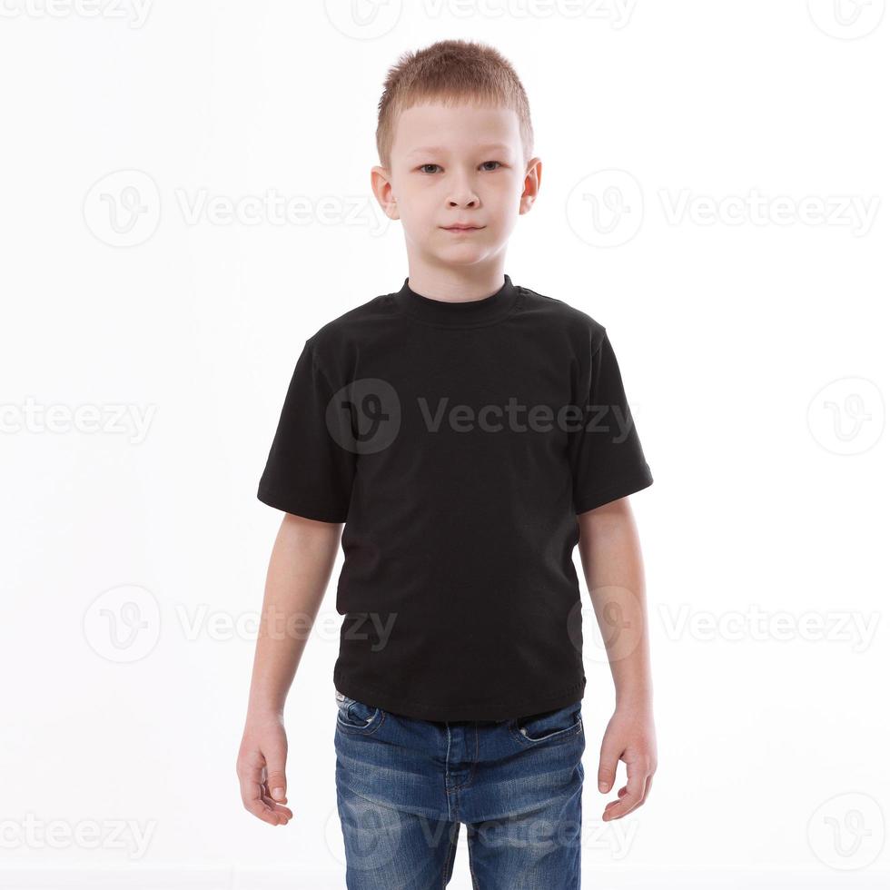 t-shirt design and people concept - close up of young man in blank black t-shirt, shirt front and rear isolated. photo