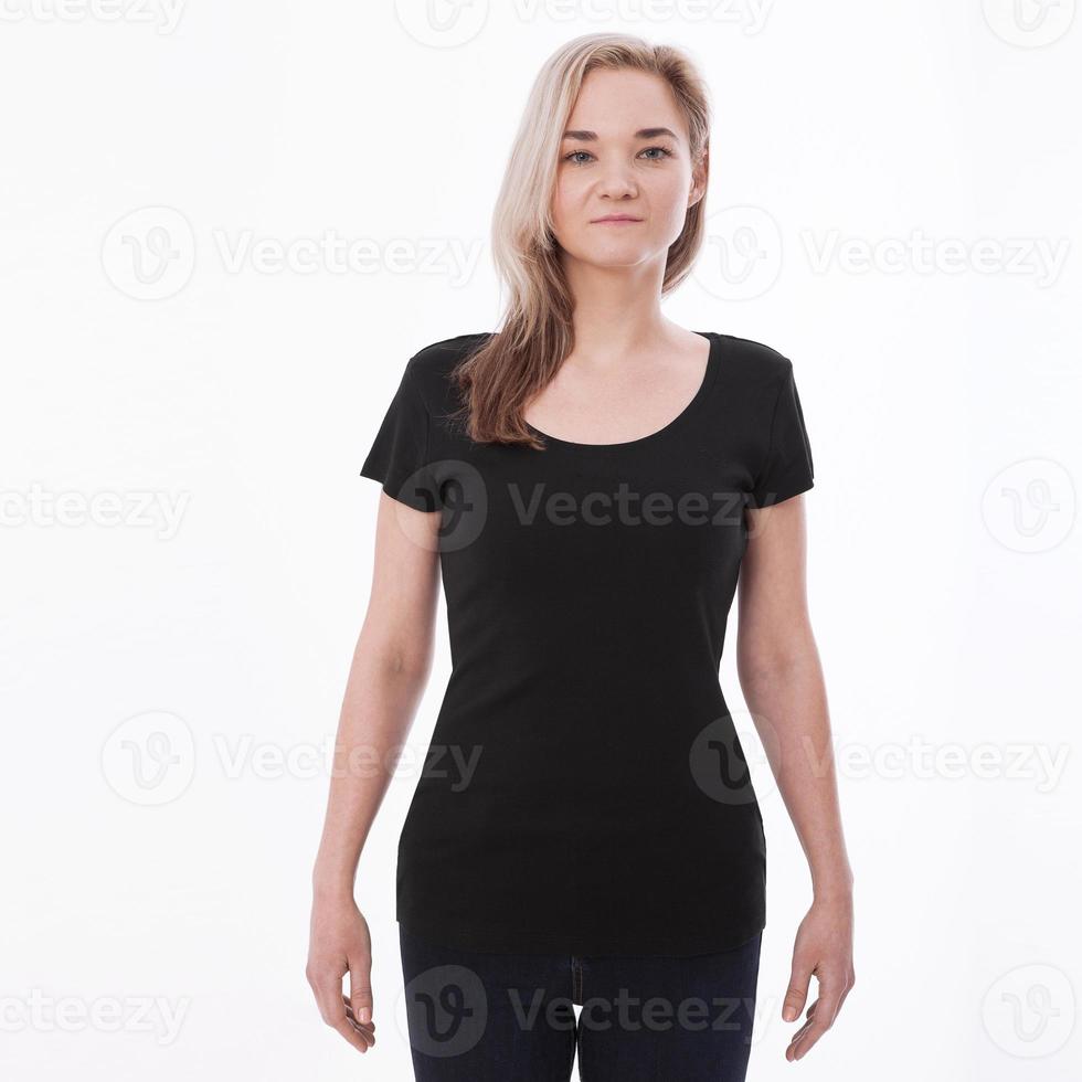 Shirt design woman in blank black t-shirt front isolated. Clean empty mock up template for design. photo
