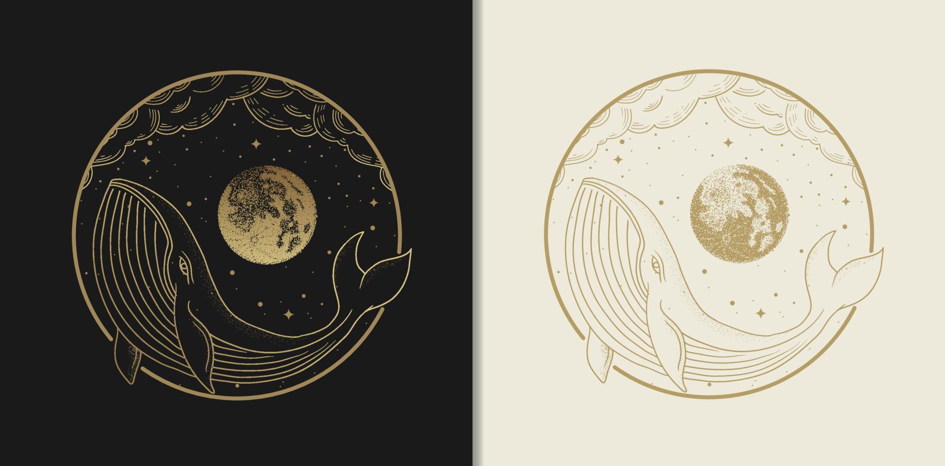 A Big Whale Dancing with Shining Moon and Stars vector