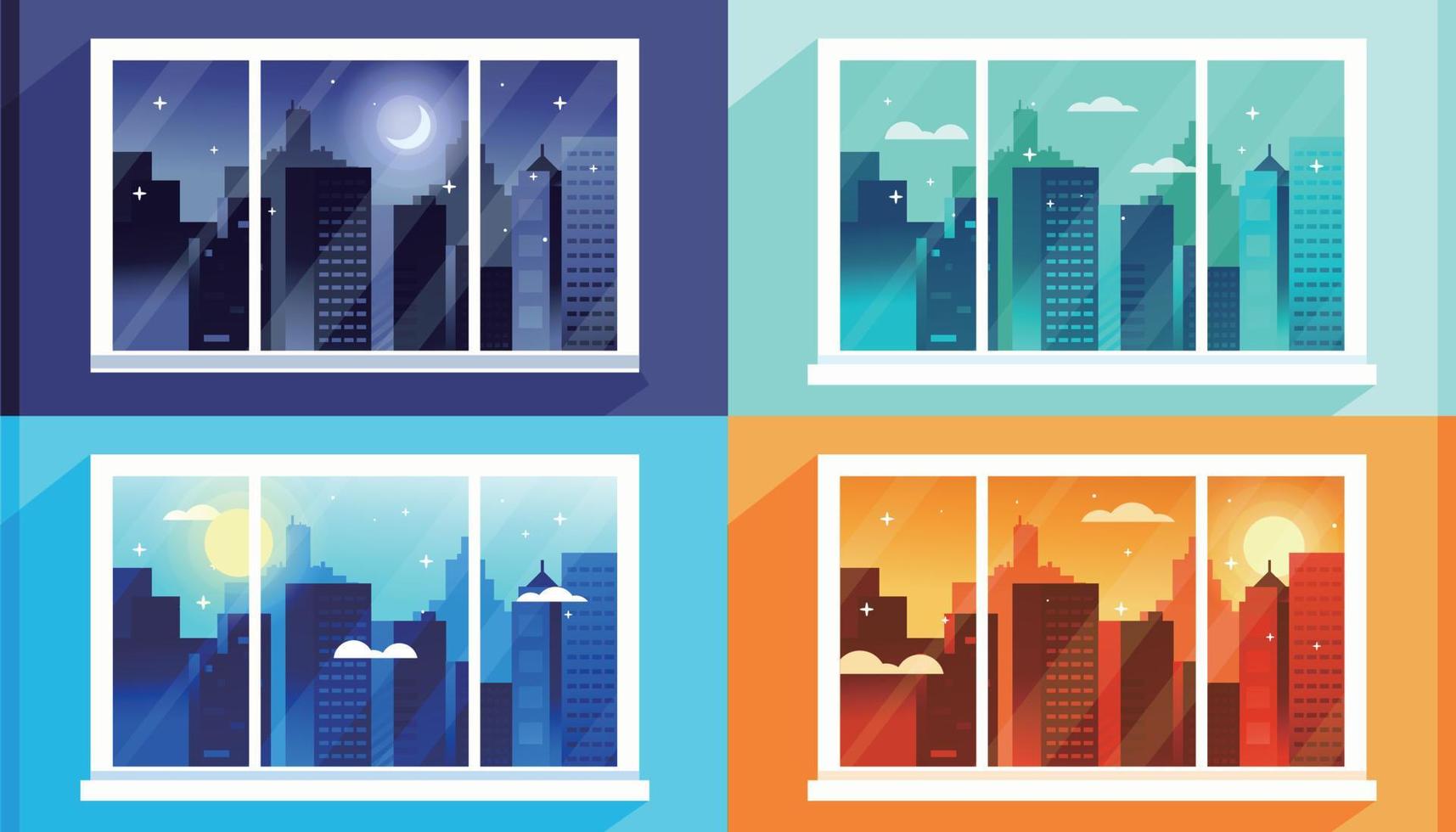 Window view for one day . Day time, morning evening night downtown. City vector illustration