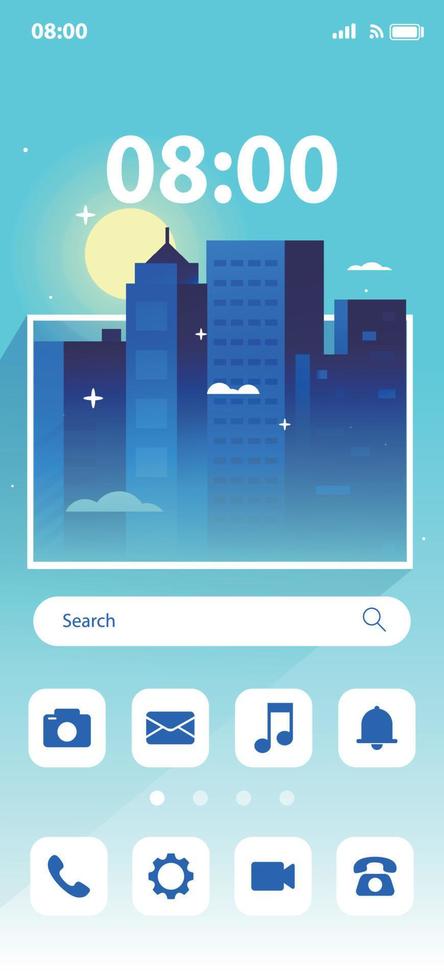 Home screen smartphone interface ui .Mobile home page layout .noon city illustration. vector