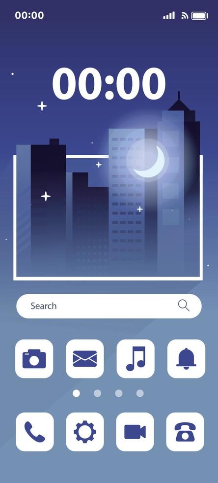 Home screen smartphone interface ui .Mobile home page layout .night city illustration. vector