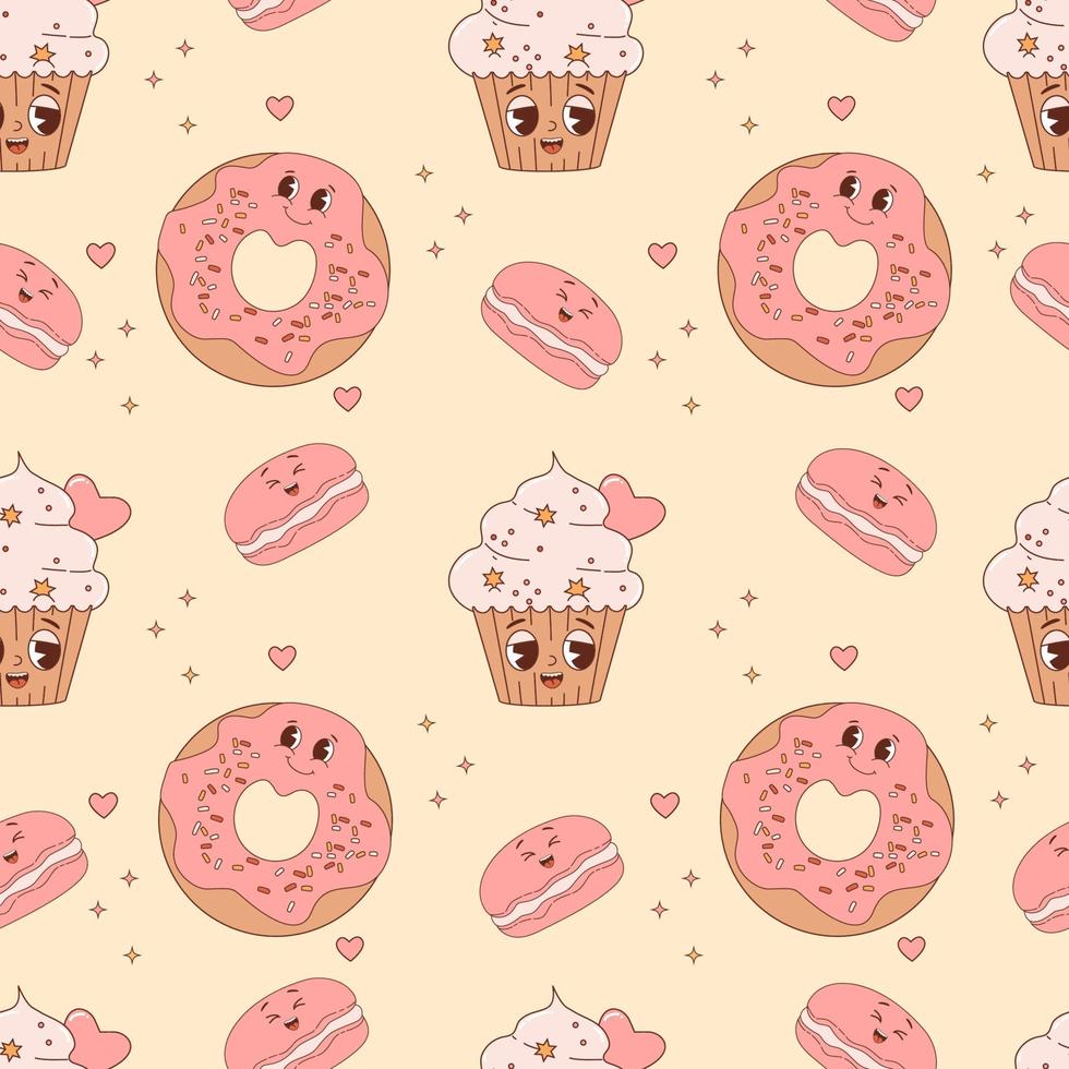 Seamless pattern with cute pastry characters. Cartoon donut, macaron and cake cupcake on yellow background. Vector Illustration for wallpaper, design, textile, packaging, decor, kids collection.