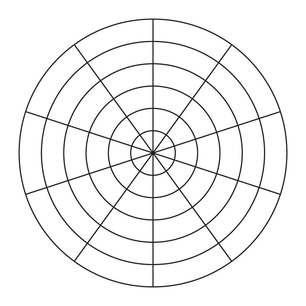 Coaching tool. Polar grid of 10 segments and 5 concentric circles. Circle diagram of lifestyle balance. Wheel of life template. Vector blank polar graph paper. Blank.