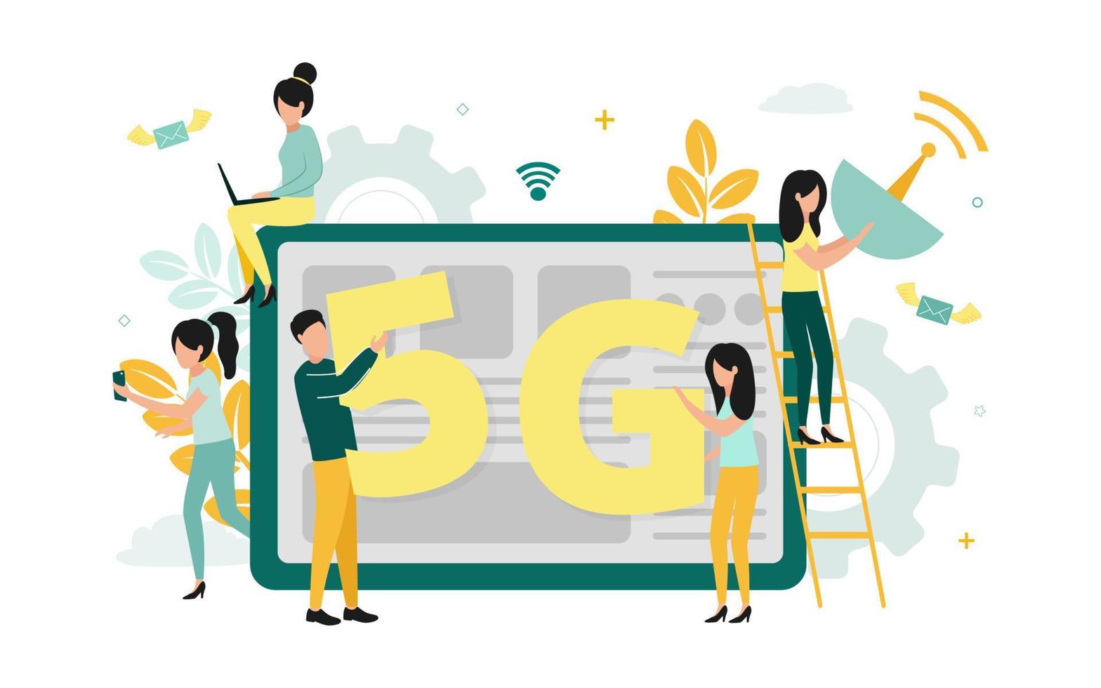 Vector illustration of 5G internet. Near the tablet, people hold the number 5, letter G, smartphone, laptop, antenna, on the background of the network icon, envelope, gear, plants, clouds.