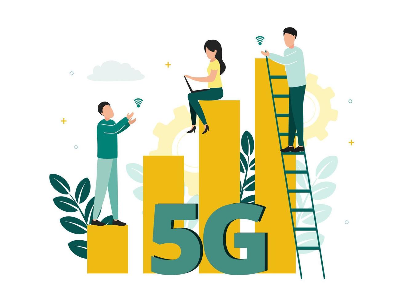 5g móvil Internet. un hombre y un mujer con un ordenador portátil sentar en el letra gramo, mujer con teléfonos inteligentes en el número 5, en contra un antecedentes de plantas, Internet iconos, un torre, nubes vector ilustración.