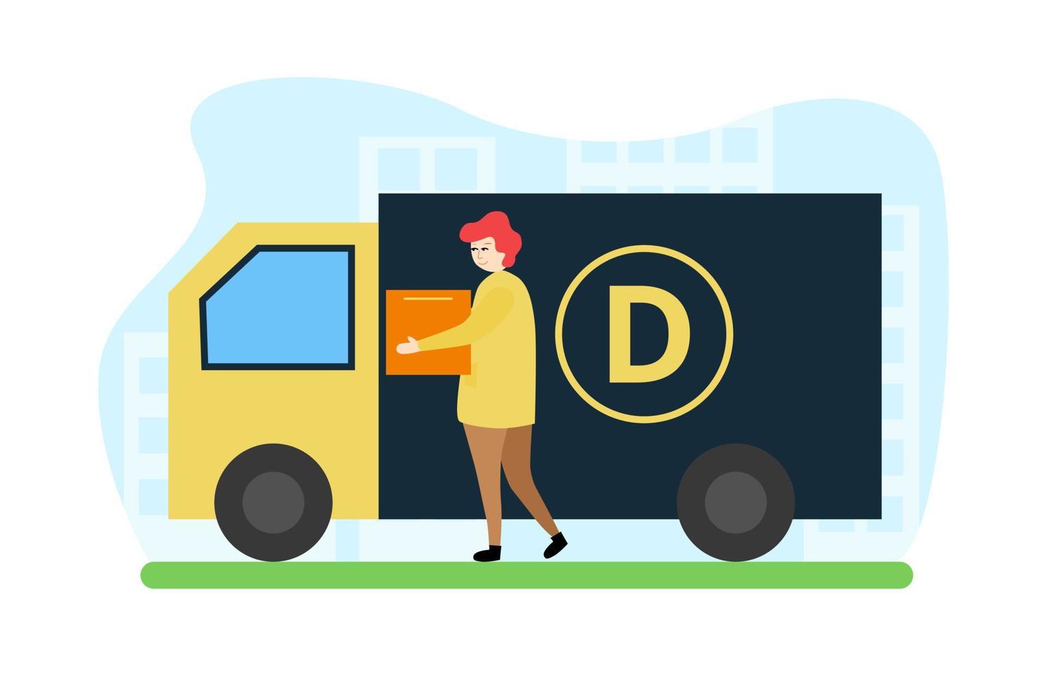 Delivery illustration. Parcel delivery. Order delivery. A man with a box in his hands near the truck. The guy with the box near the truck with the letter D vector