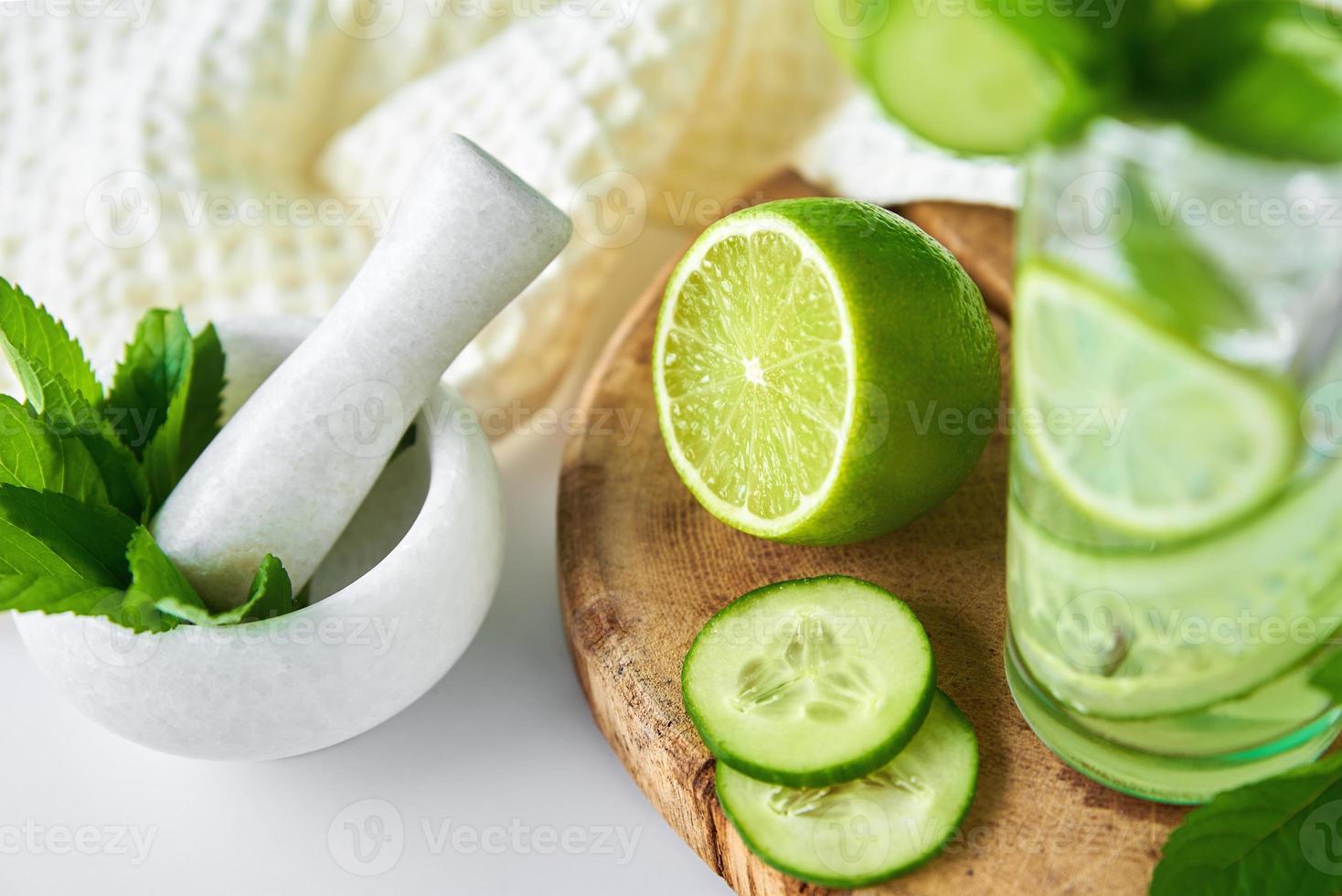 Detox refreshment drink. Lemonade with lime and cucumber photo