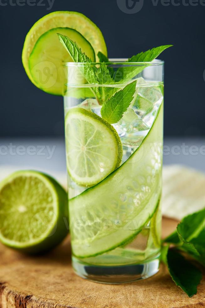 Detox refreshment drink. Lemonade with lime and cucumber photo