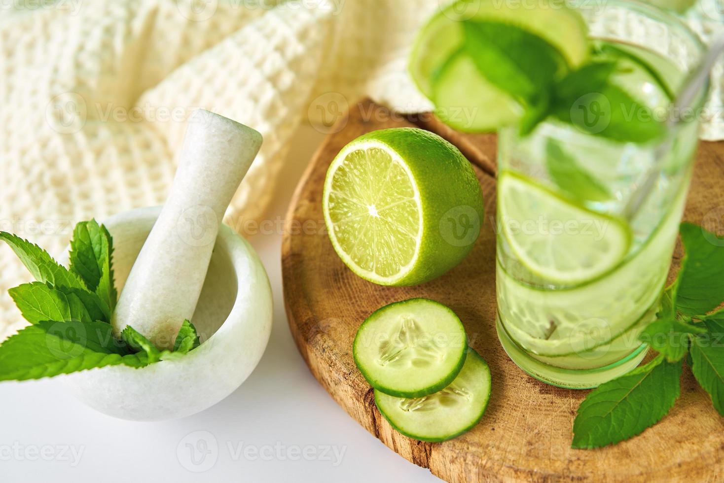 Detox refreshment drink. Lemonade with lime and cucumber photo