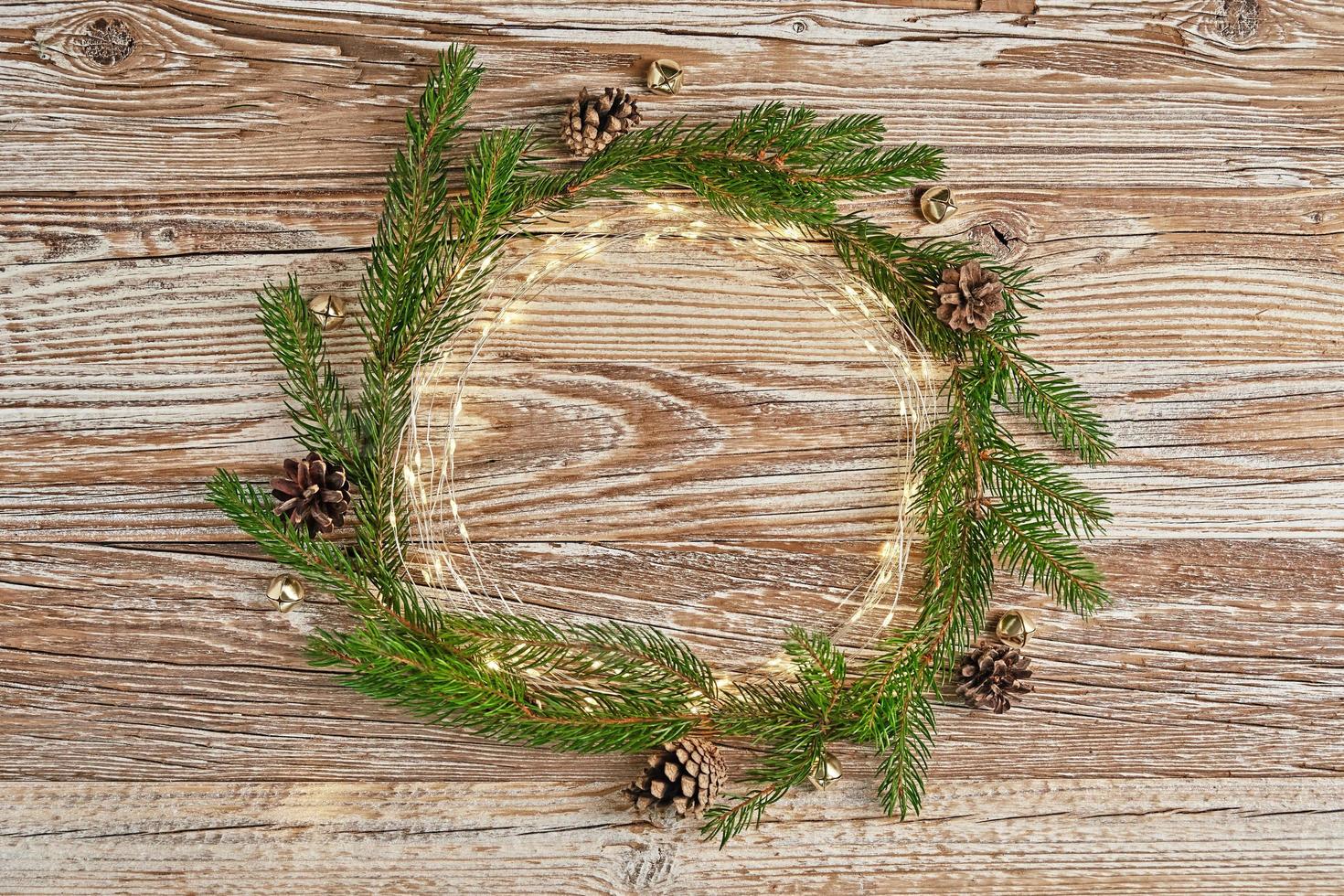 Christmas greeting banner on wooden backround, flat lay photo