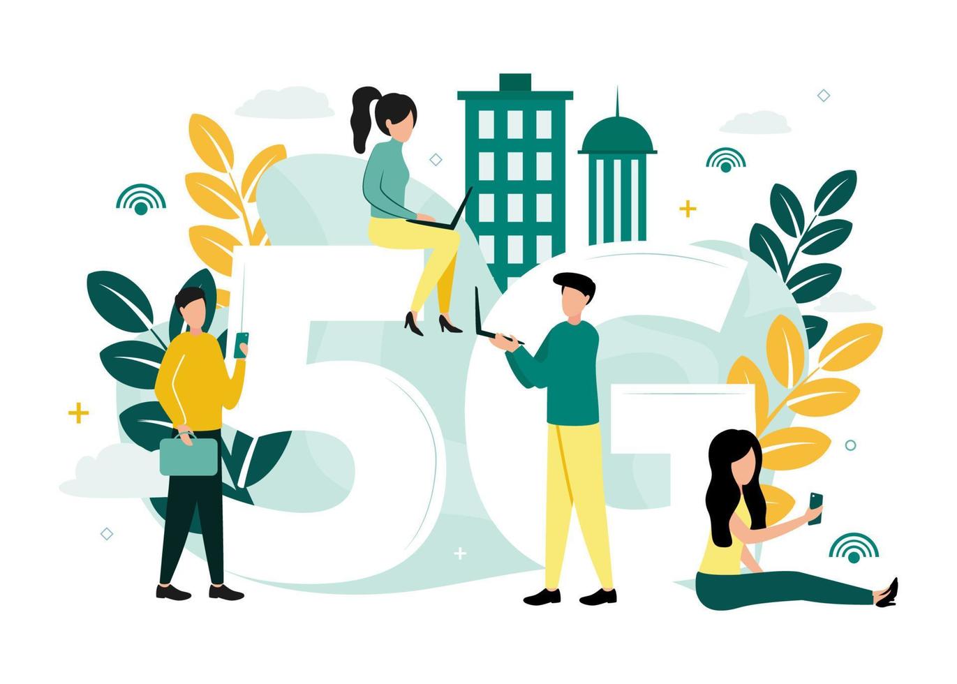 Vector illustration of 5G internet. Men and women with smartphones and laptops near the letter G and the number 5, on the background of the network icon, towers, plants.