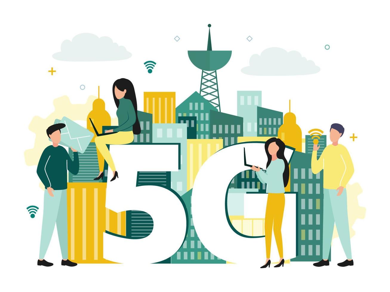 vector ilustración de 5g Internet. hombres y mujer con teléfonos inteligentes y laptops cerca el letra sol y el número 5, en el antecedentes de el edificio, red iconos, torres, nubes