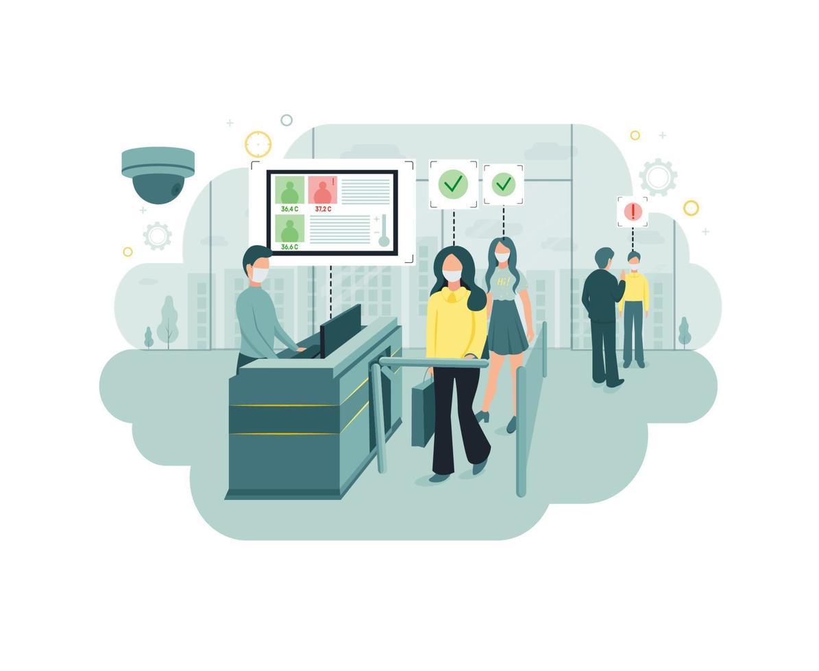 Video surveillance. CCTV. Camera with temperature control. In a supermarket camera measures the temperature of customers. The data from the camera is transmitted to the monitor. Vector illustration