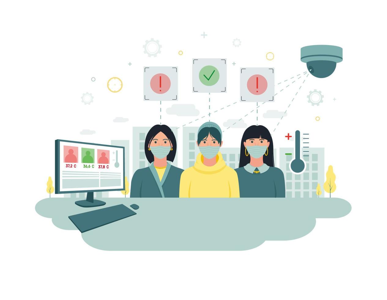 Video surveillance. CCTV. Thermal camera. The camera measures the temperature of people and transmits the data to the monitor. Vector illustration