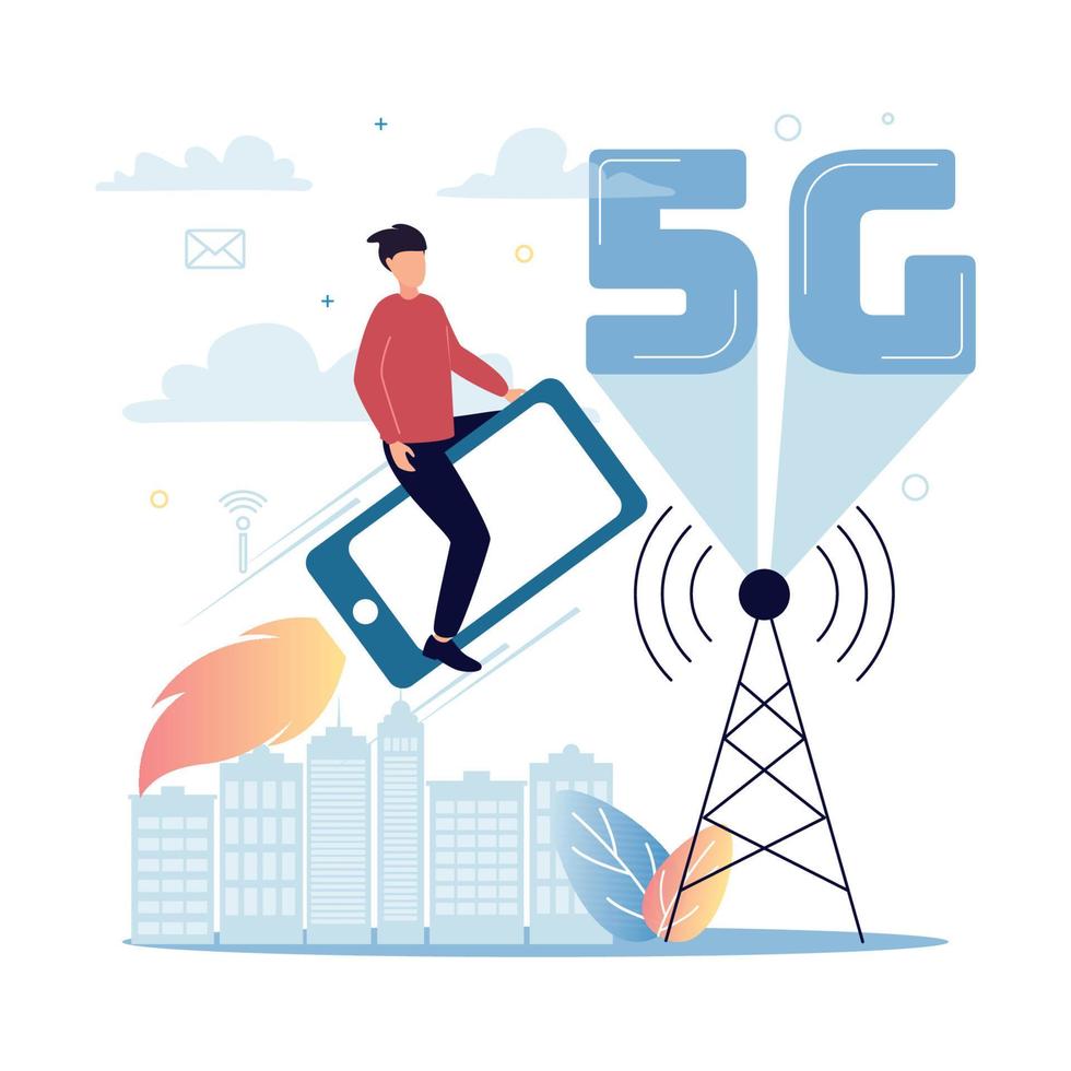 5g móvil Internet. un hombre moscas en un teléfono inteligente en un cohete, cerca un torre con un 5g firmar, en contra el antecedentes de un ciudad, plantas, nubes, iconos vector ilustración.