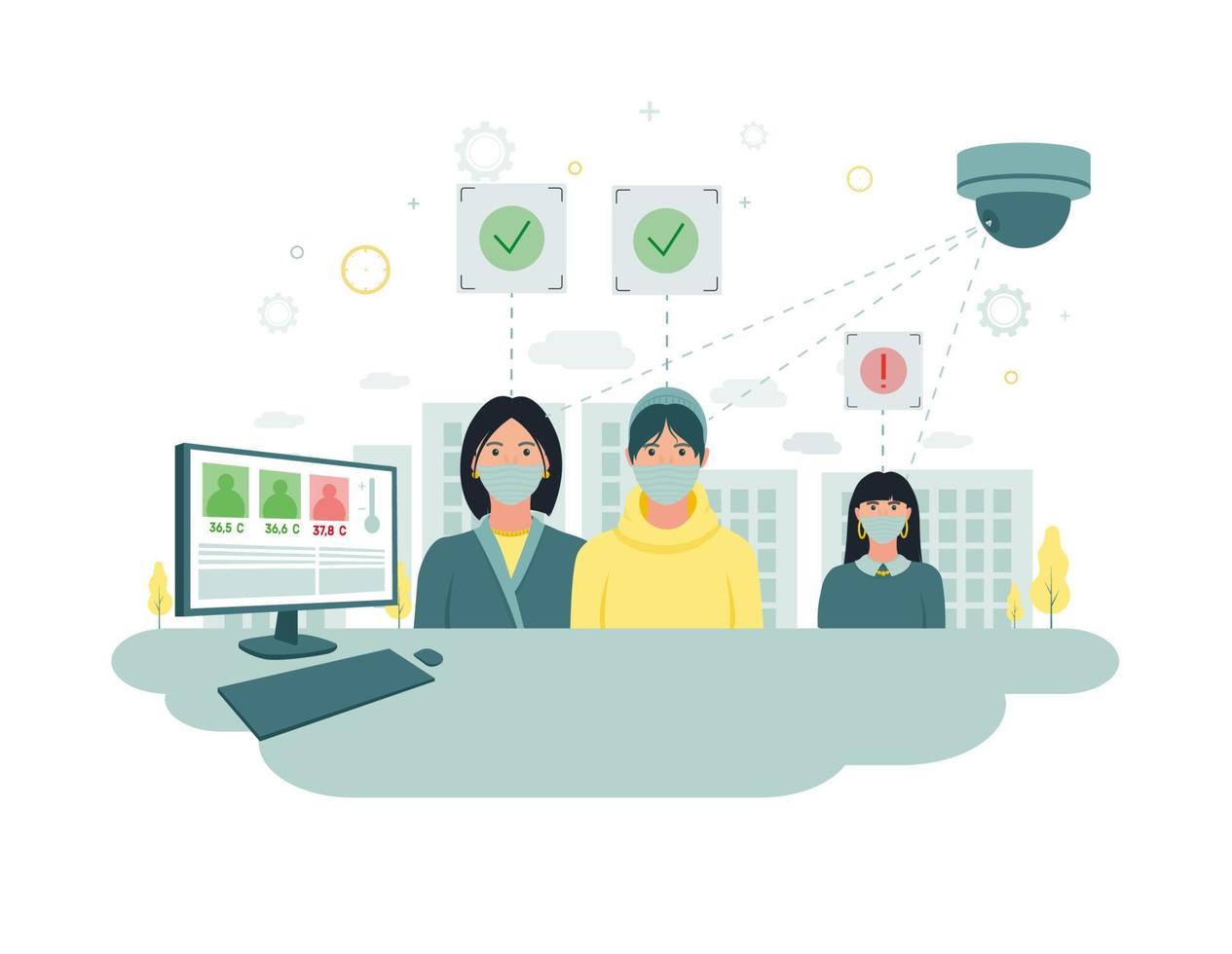 Video surveillance. CCTV. Thermal camera. The camera measures the temperature of people and transmits the data to the monitor. Vector illustration