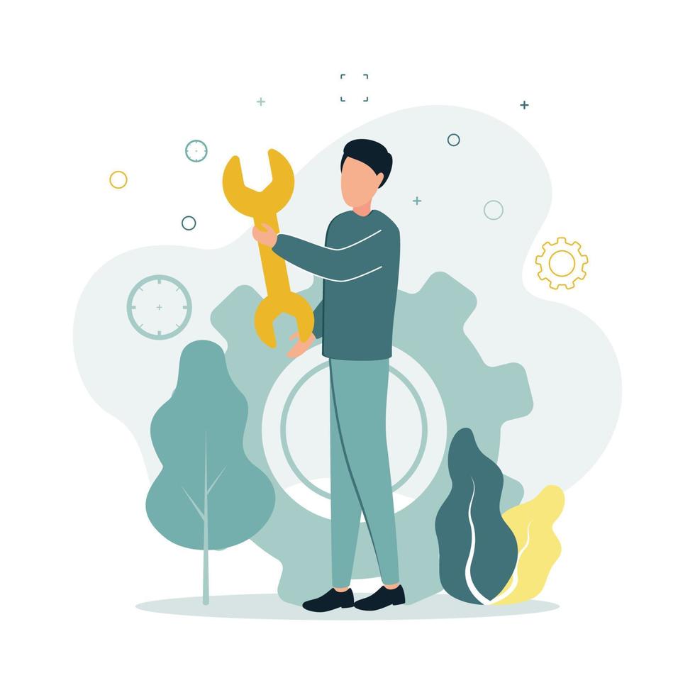 Vector illustration a man stands with a wrench in his hands, near a big gear, on a background of wood, leaves, target.