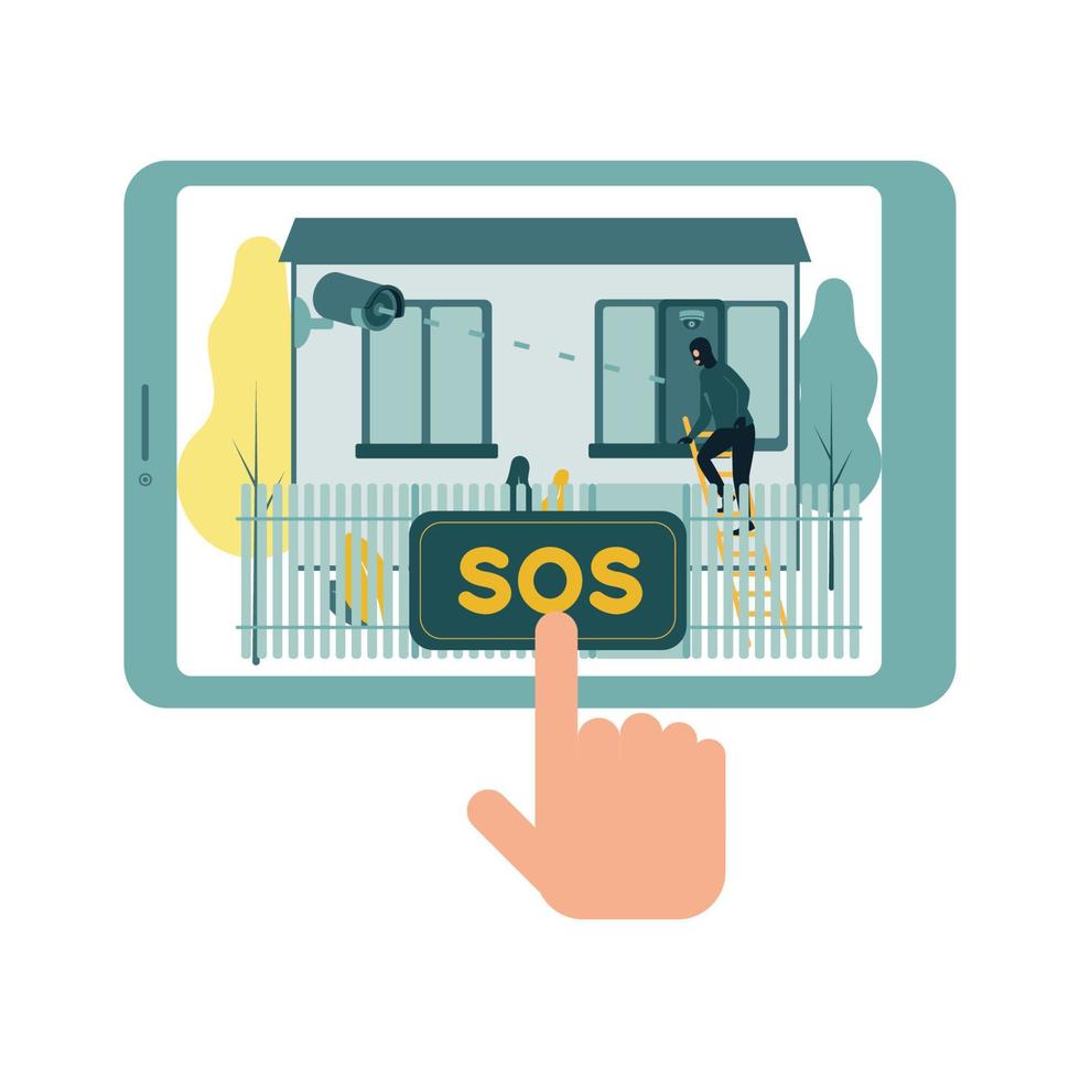 CCTV. A vector illustration of a masked robber climbing a window on a staircase, a surveillance camera removes this, data is transferred to a tablet, a hand presses the SOS button to call the guard.