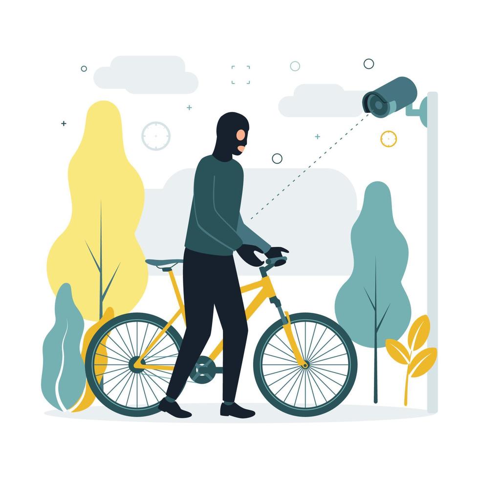 CCTV. Vector illustration a masked man steals a bicycle, a surveillance camera takes it off. A surveillance camera captures a crime, a masked criminal takes away someone elses bicycle.