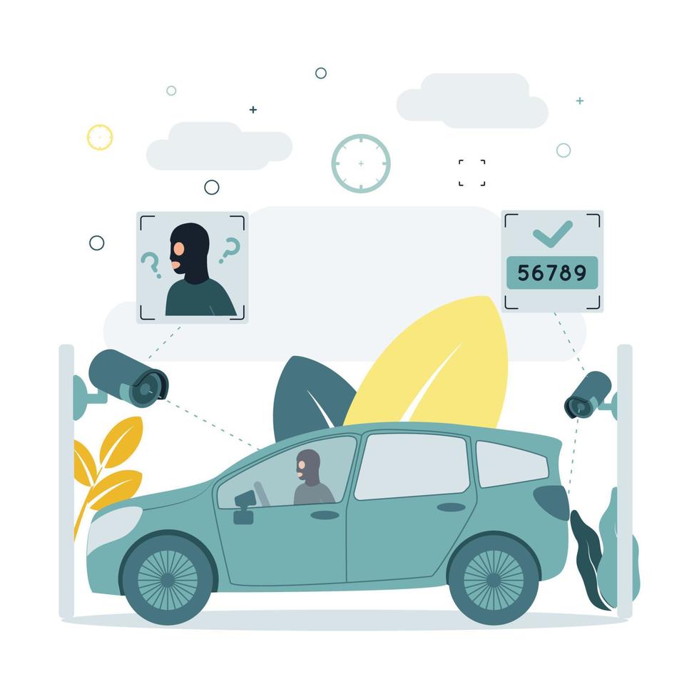 CCTV. A vector illustration of a CCTV camera captures a criminal in a car, does not recognize a person face in a mask, recognizes car numbers. A CCTV camera captures a person in a car.