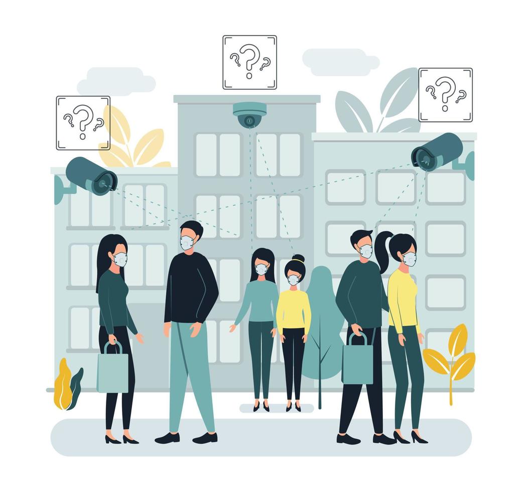 Illustration of video surveillance. Face recognition. The camcorder cannot recognize people faces due to masks on their faces. Due to the masks worn by people, CCTV cameras do not recognize faces. vector