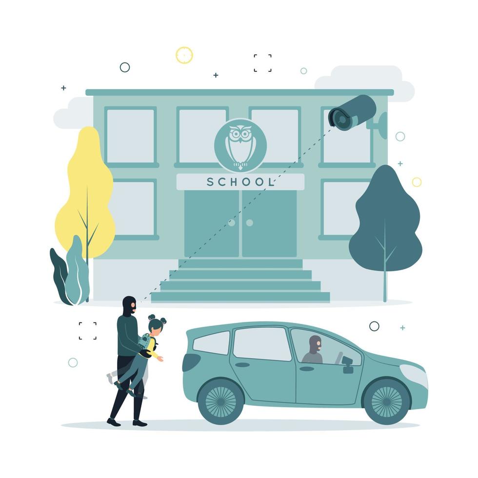 Video monitoring. Vector illustration of kidnapping a child from school. A surveillance camera shoots as a masked man drags a girl from school to a car, in which another criminal.