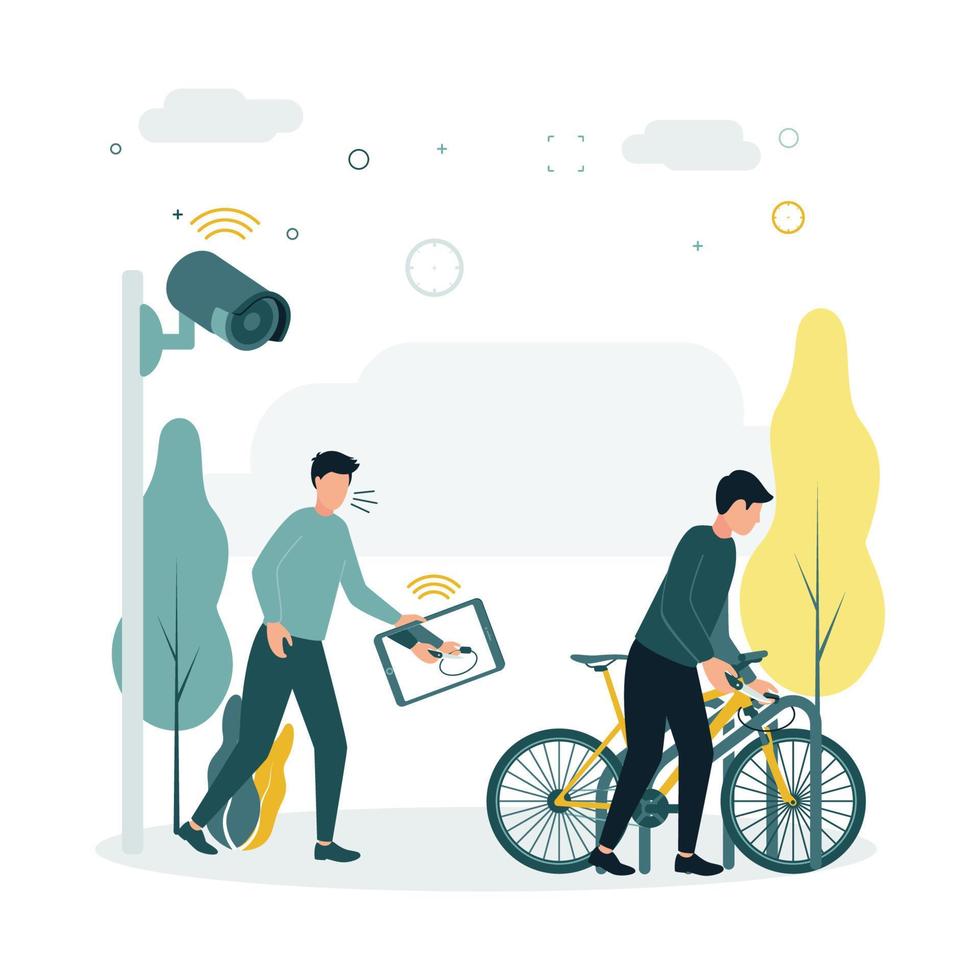 CCTV. Vector illustration a man steals a bicycle, a surveillance camera takes it and transfers data to a person on a tablet who sees it and tries to prevent a crime